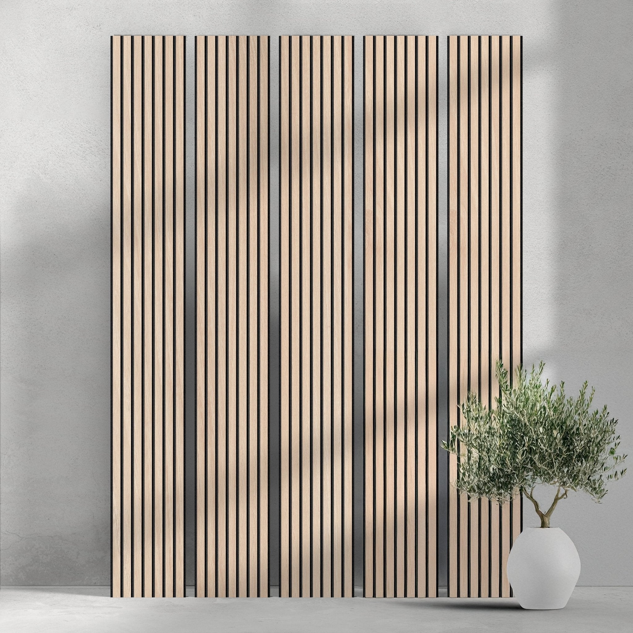 106" Tall ULTRALIGHT Flexible Lightweight White Oak Acoustic Wood Slat Wall Panels with Black Felt Backing - Slats.co
