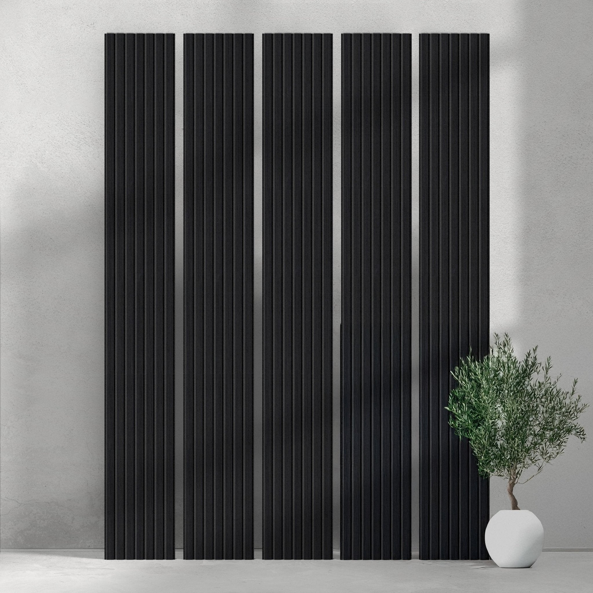 106" ULTRALIGHT Flexible Lightweight Black Oak Acoustic Wood Slat Wall Panels with Black Felt Backing - Slats.co