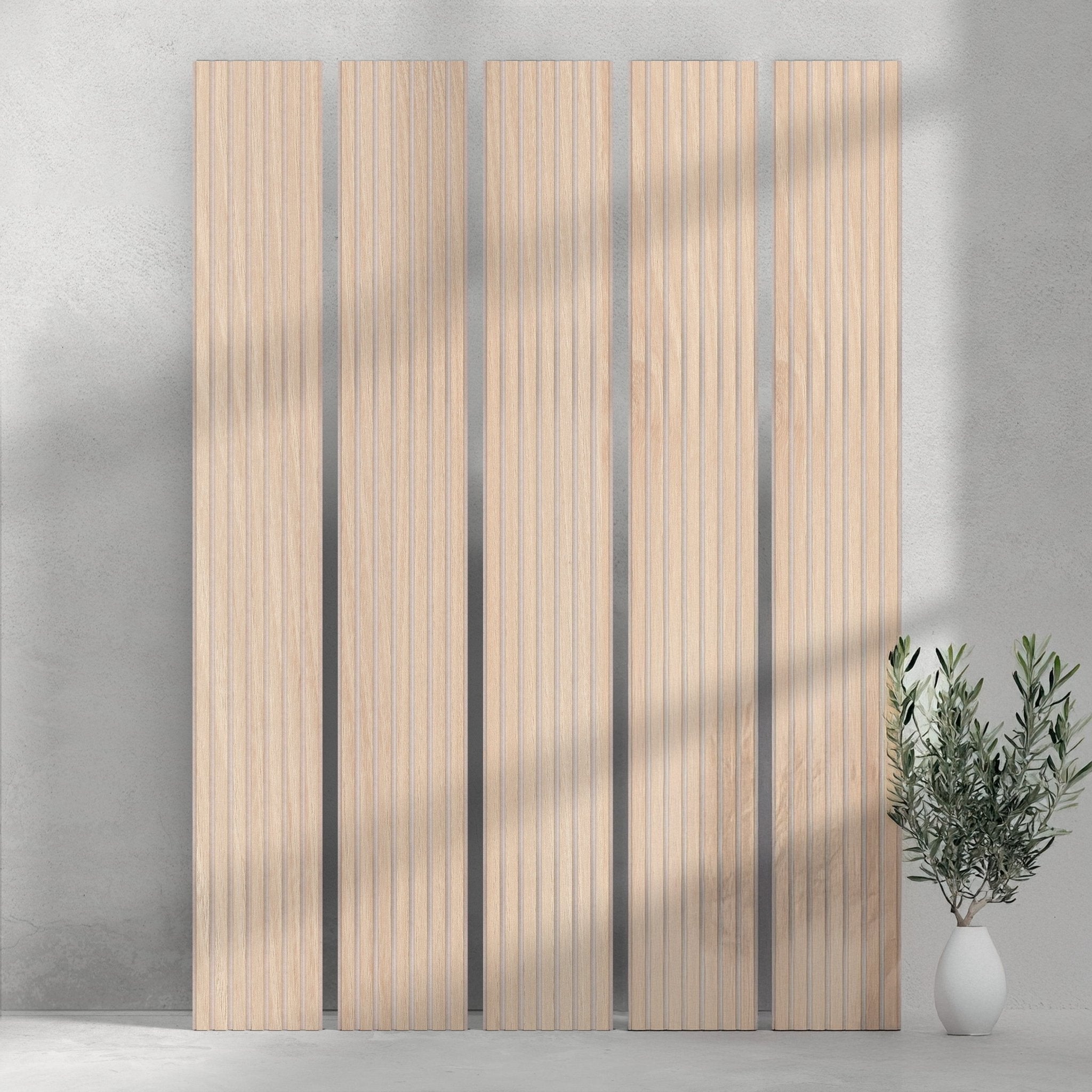 106" ULTRALIGHT Flexible Lightweight White Oak Acoustic Wood Slat Wall Panels with Beige Felt Backing - Slats.co