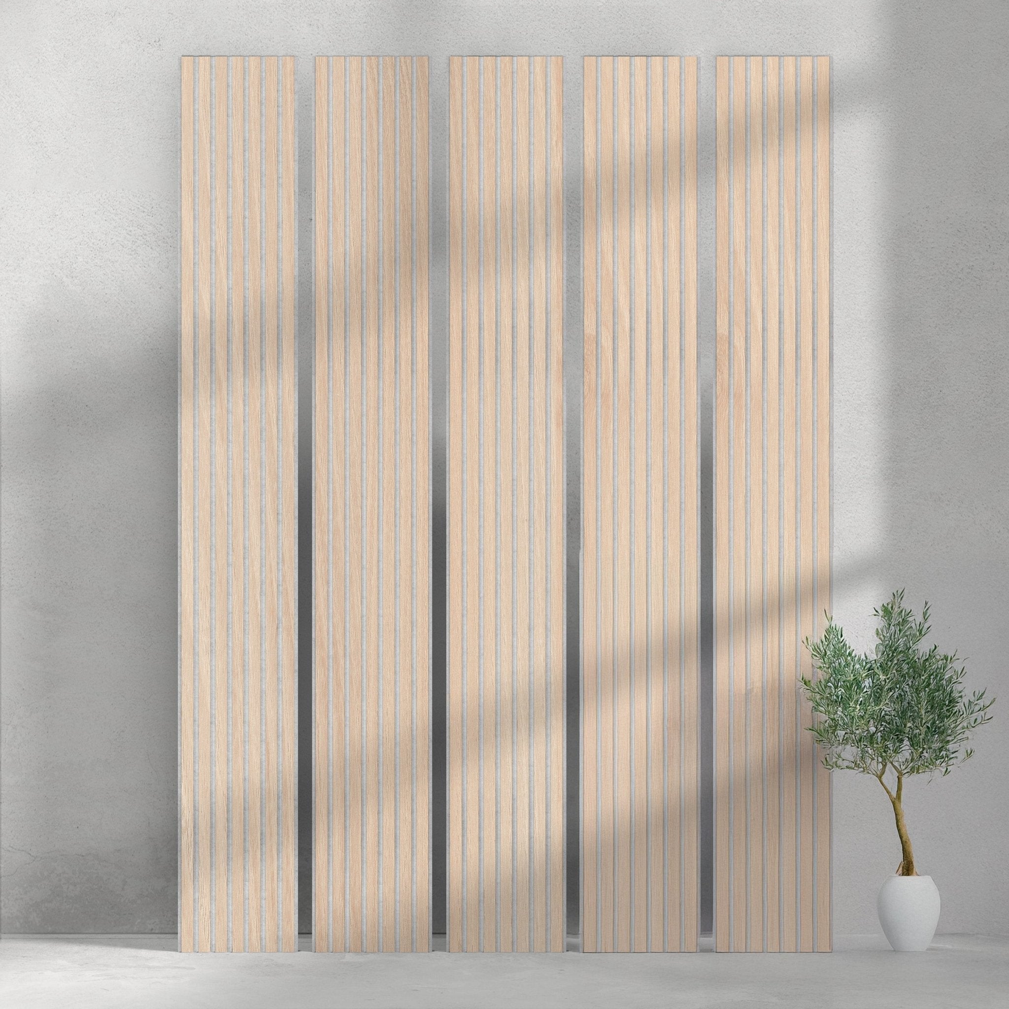 106" ULTRALIGHT Flexible Lightweight White Oak Acoustic Wood Slat Wall Panels with Grey Felt Backing - Slats.co