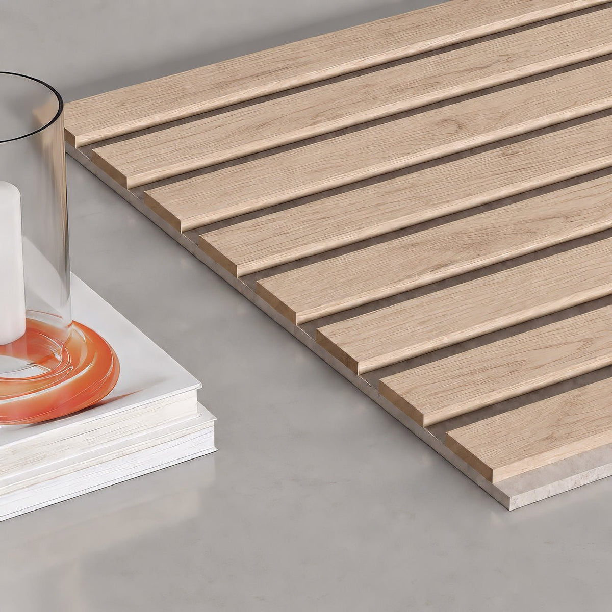 118" Natural Oak TrueWood Lite 3-Sided Veneer Acoustic Slat Panel with Beige Felt Backing - Slats.co
