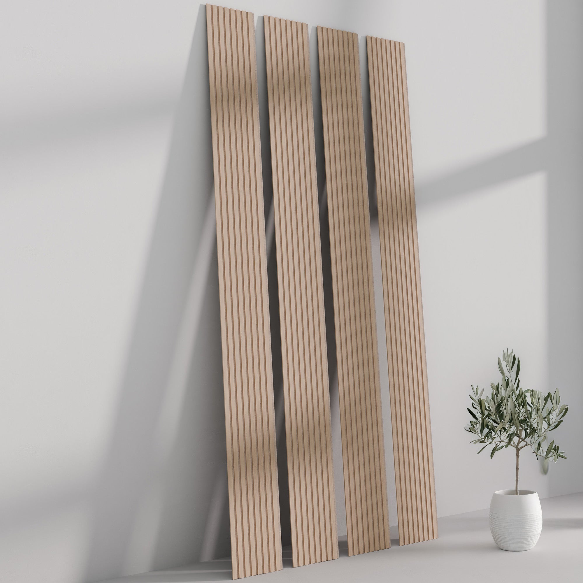 118" Natural Oak TrueWood Lite 3-Sided Veneer Acoustic Slat Panel with Beige Felt Backing - Slats.co