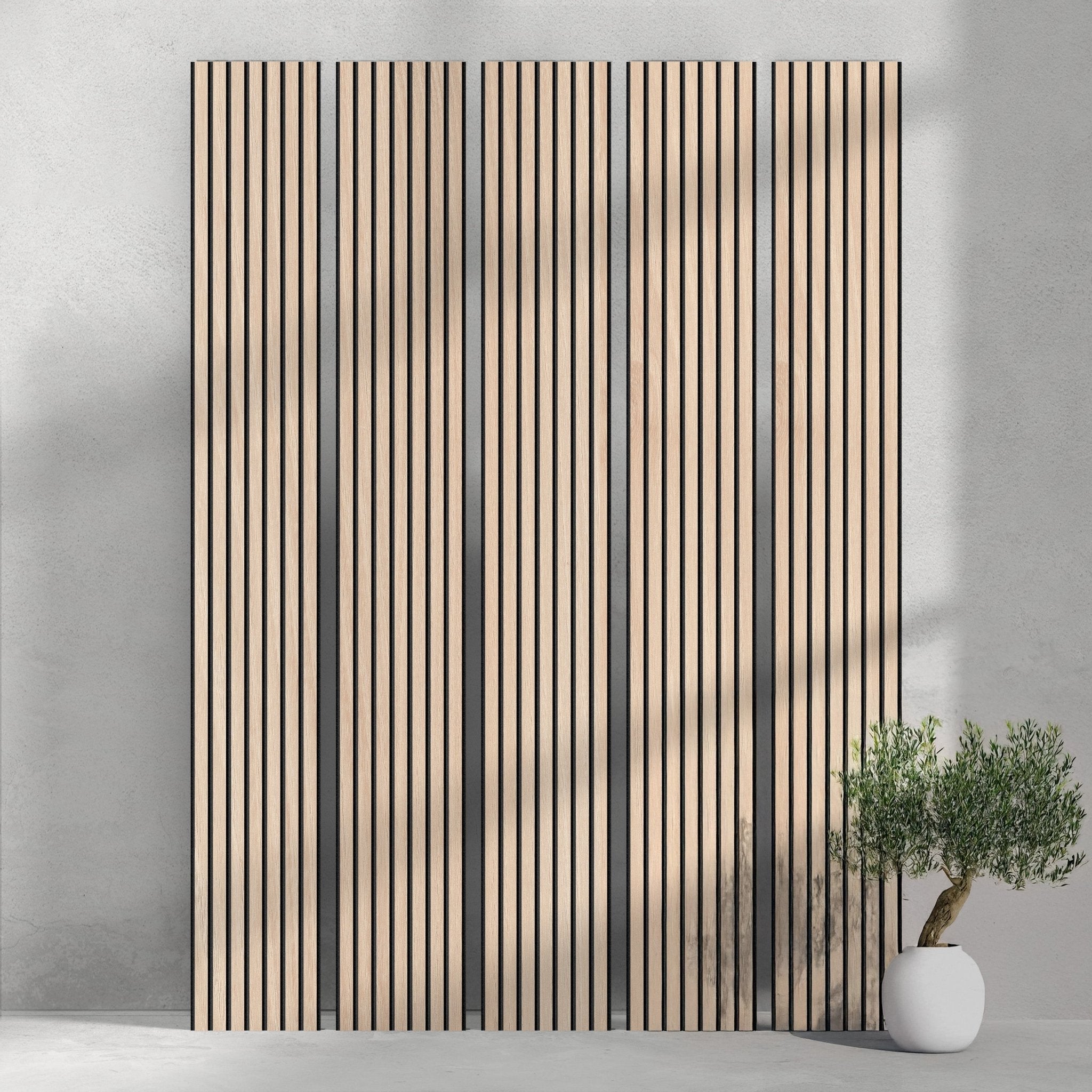 118" Tall ULTRALIGHT Flexible Lightweight White Oak Acoustic Wood Slat Wall Panels with Black Felt Backing - Slats.co