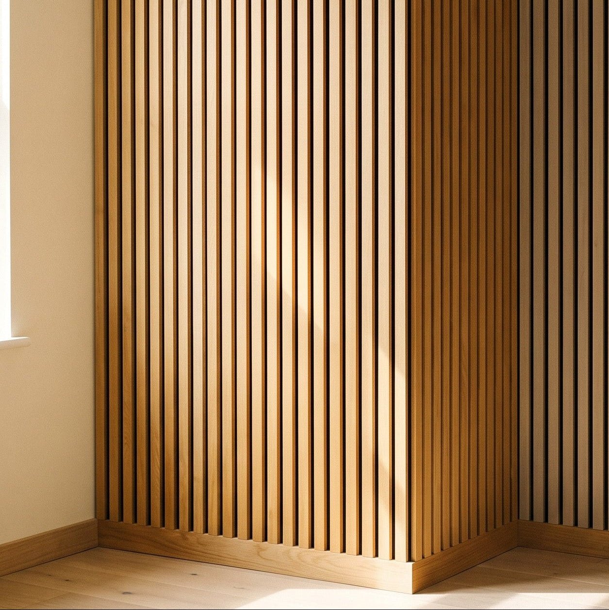 141.6" Solid American Oak Slat Acoustic Panels, Black Felt - Slats.co
