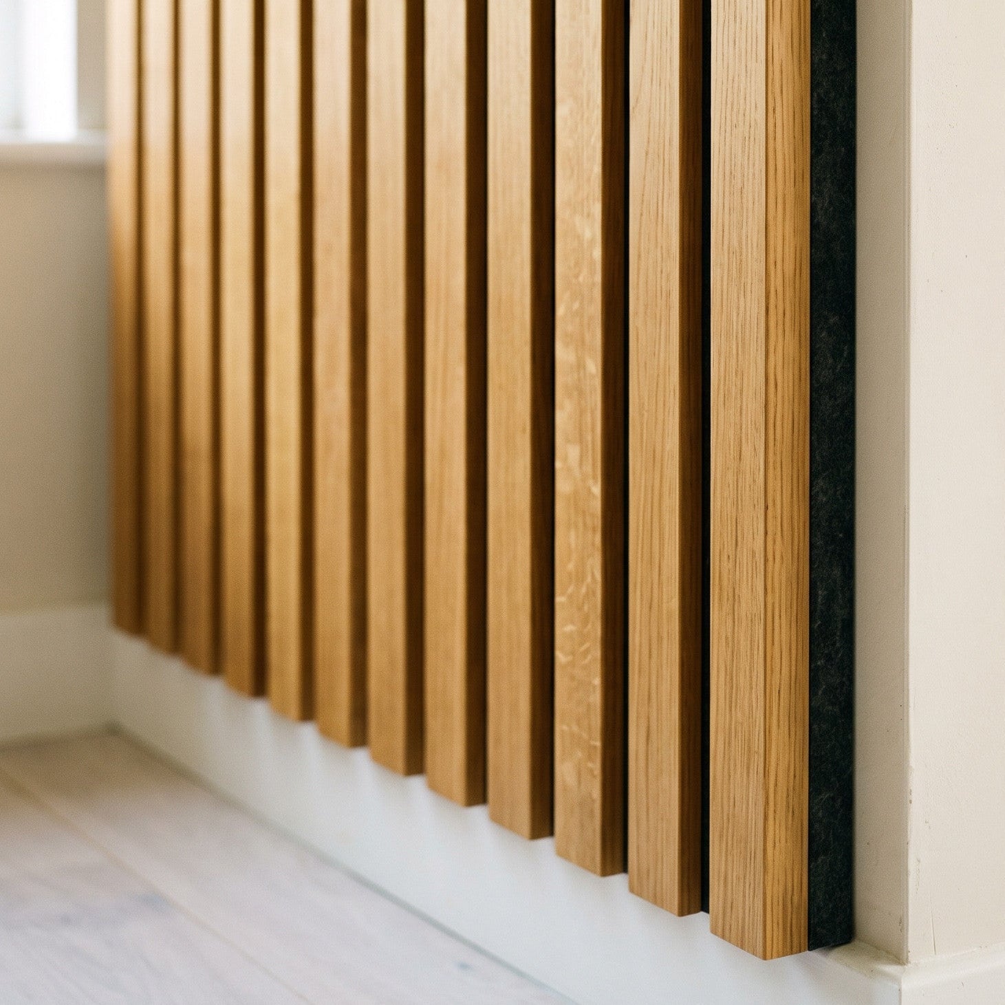 141.6" Solid American Oak Slat Acoustic Panels, Black Felt - Slats.co