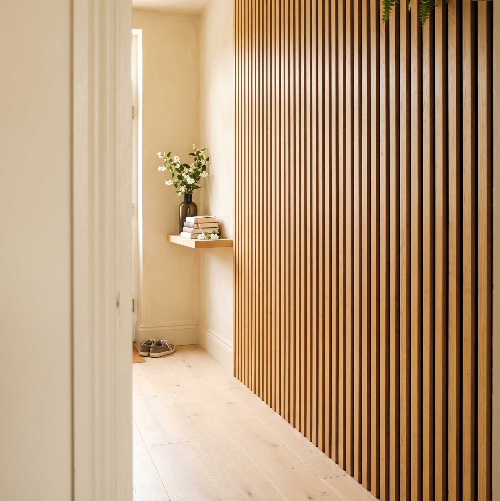 141.6" Solid American Oak Slat Acoustic Panels, Black Felt - Slats.co