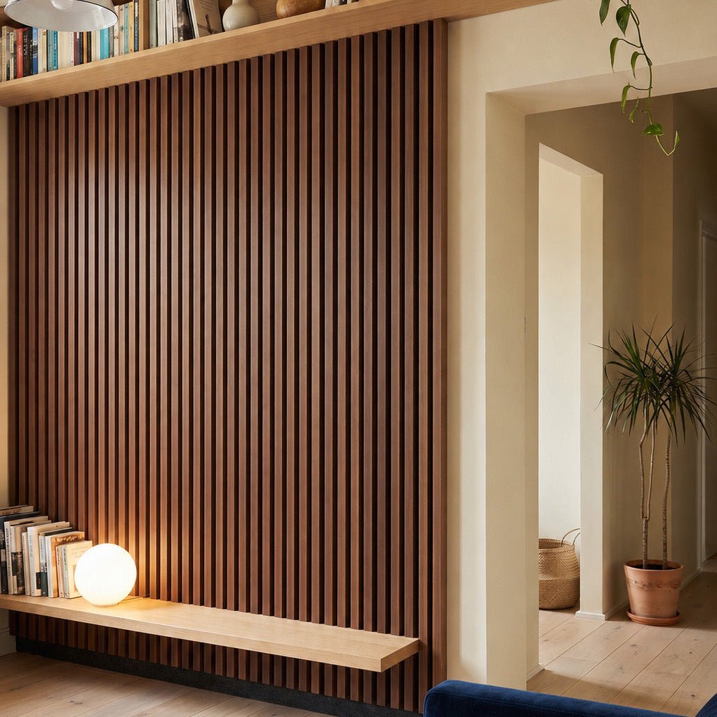 141.6" Solid American Walnut Slat Acoustic Panels, Black Felt - Slats.co