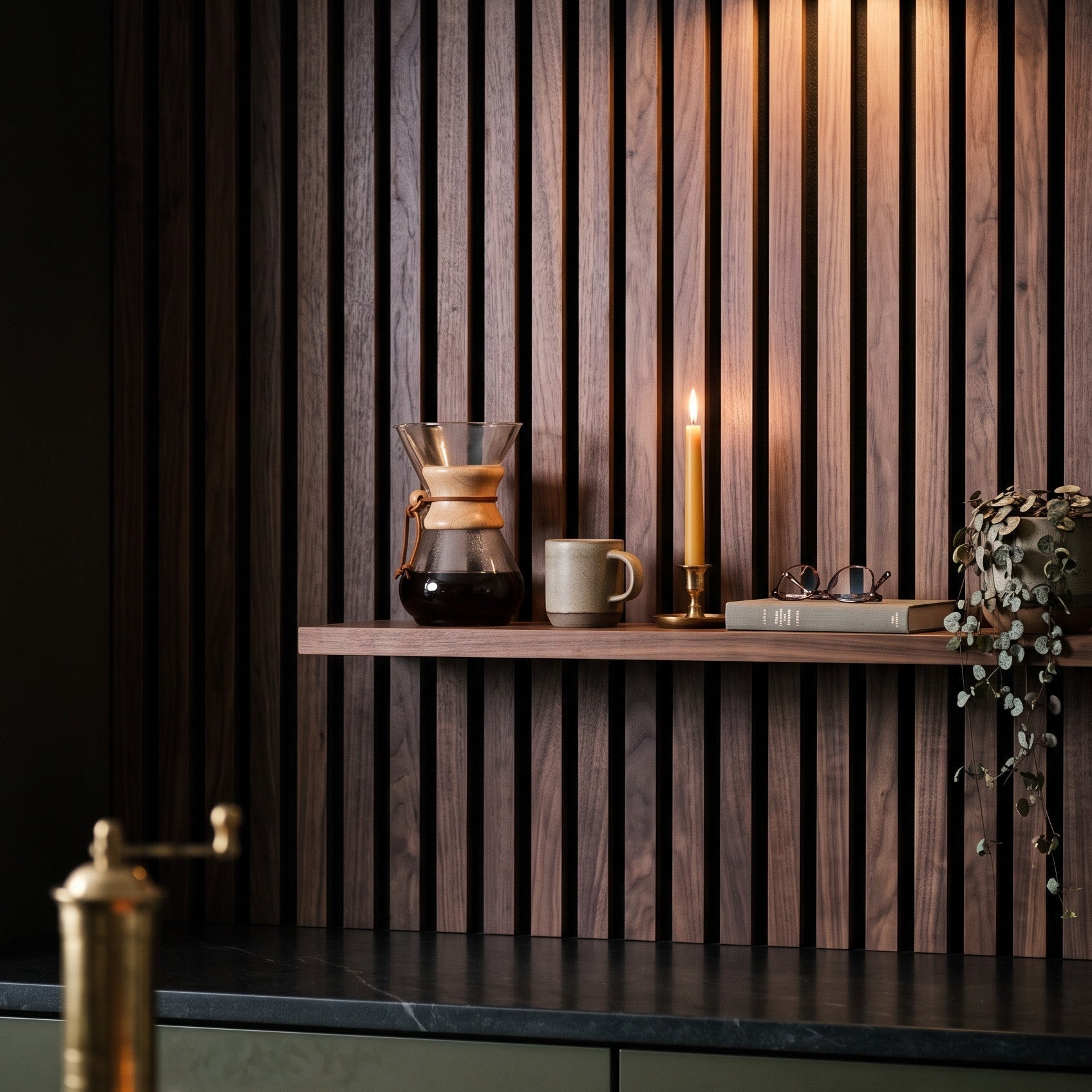 141.6" Solid American Walnut Slat Acoustic Panels, Black Felt - Slats.co