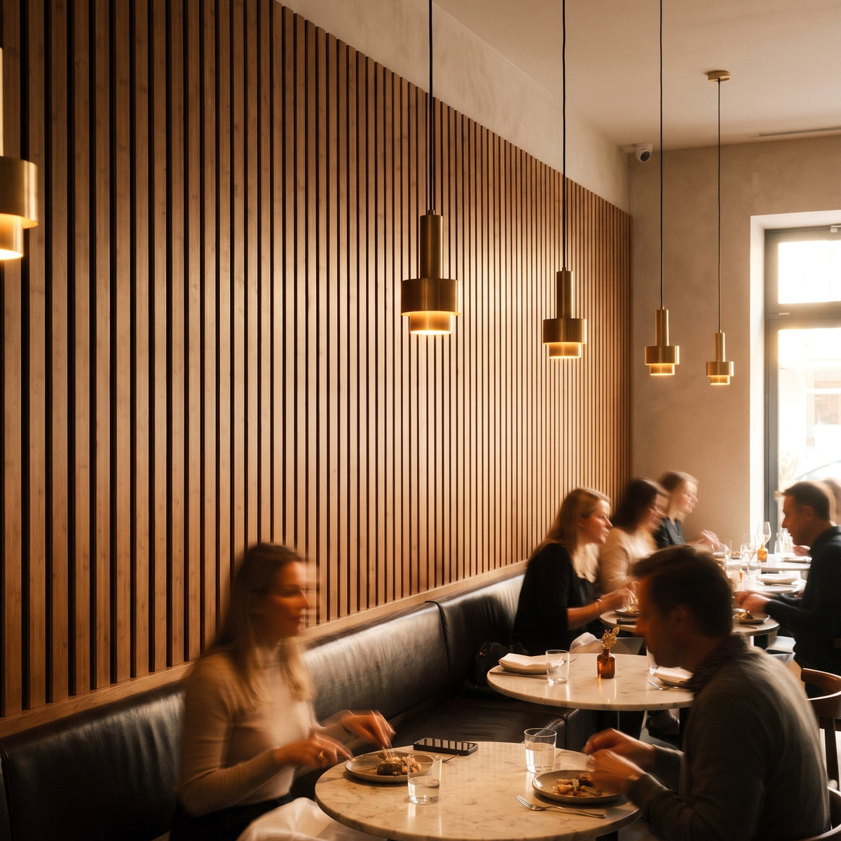 People dining in a modern restaurant with wooden paneling and pendant lights.