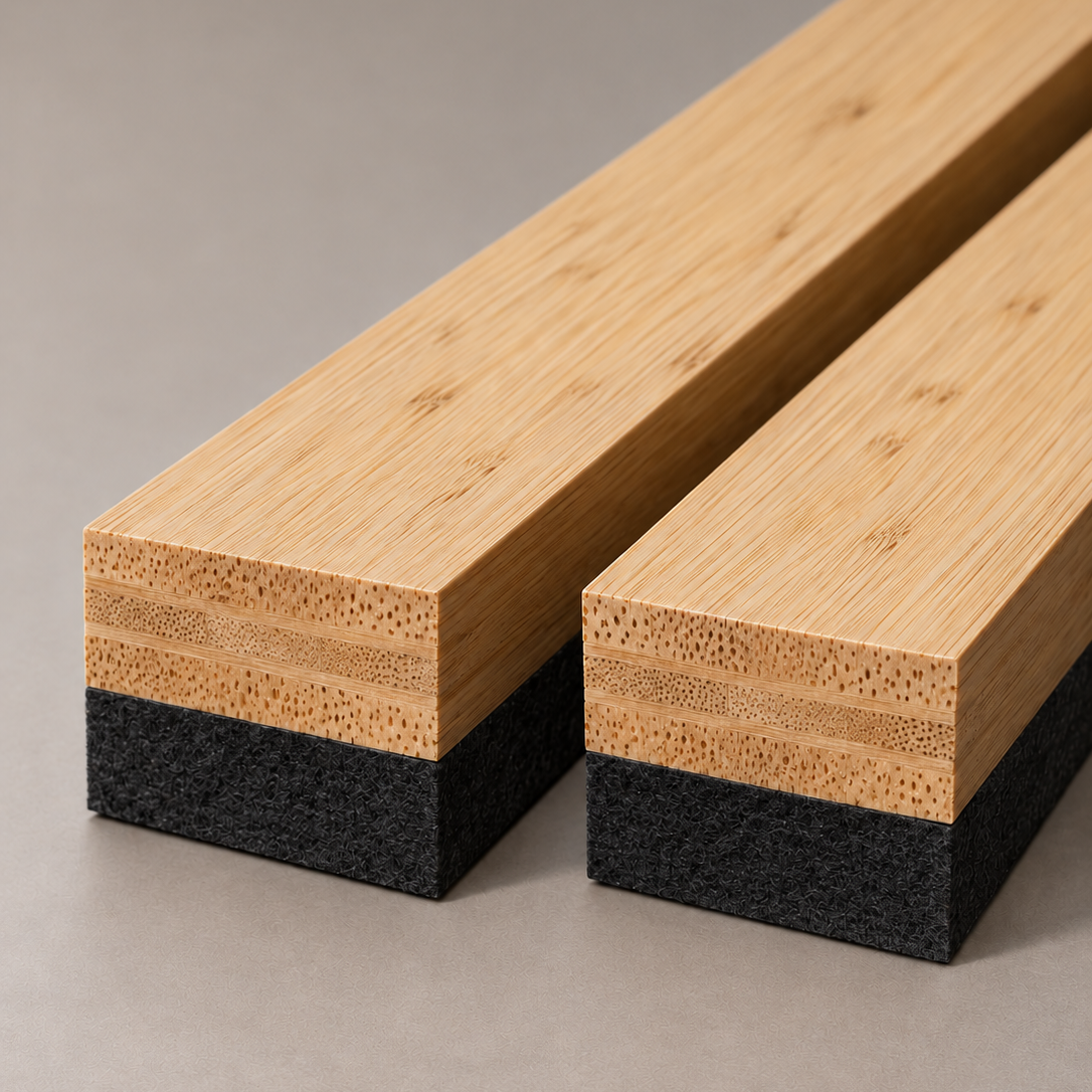 Two rectangular bamboo wood blocks with black textured foam bases, shown on a neutral gray background.