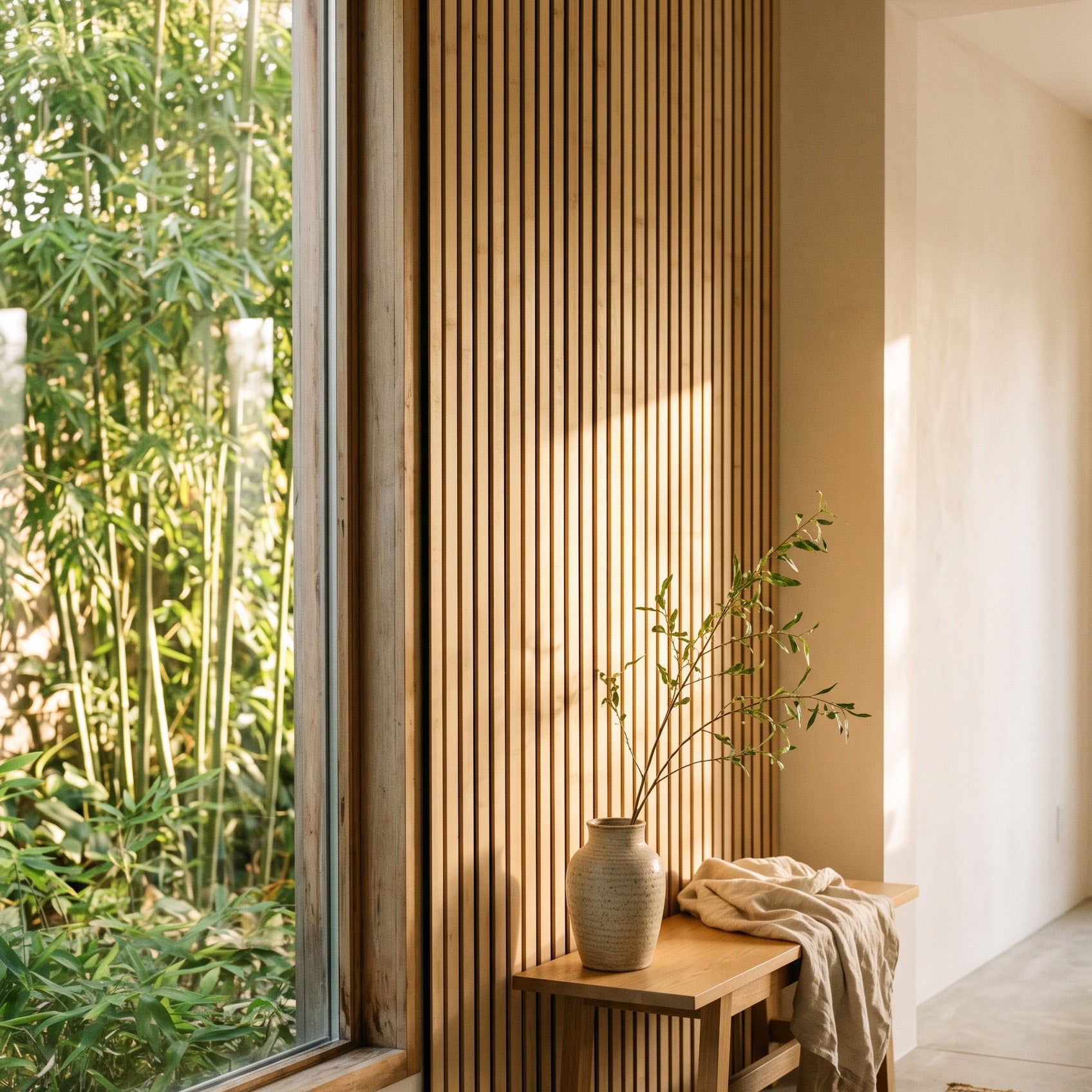 Solid Bamboo Slat Acoustic Panels in Natural, Black Felt