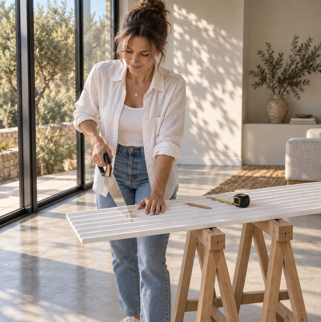 A woman in a white shirt and blue jeans stands indoors using a hand saw to cut a long white slatted panel supported by wooden sawhorses. Large windows and a modern interior are visible in the background.