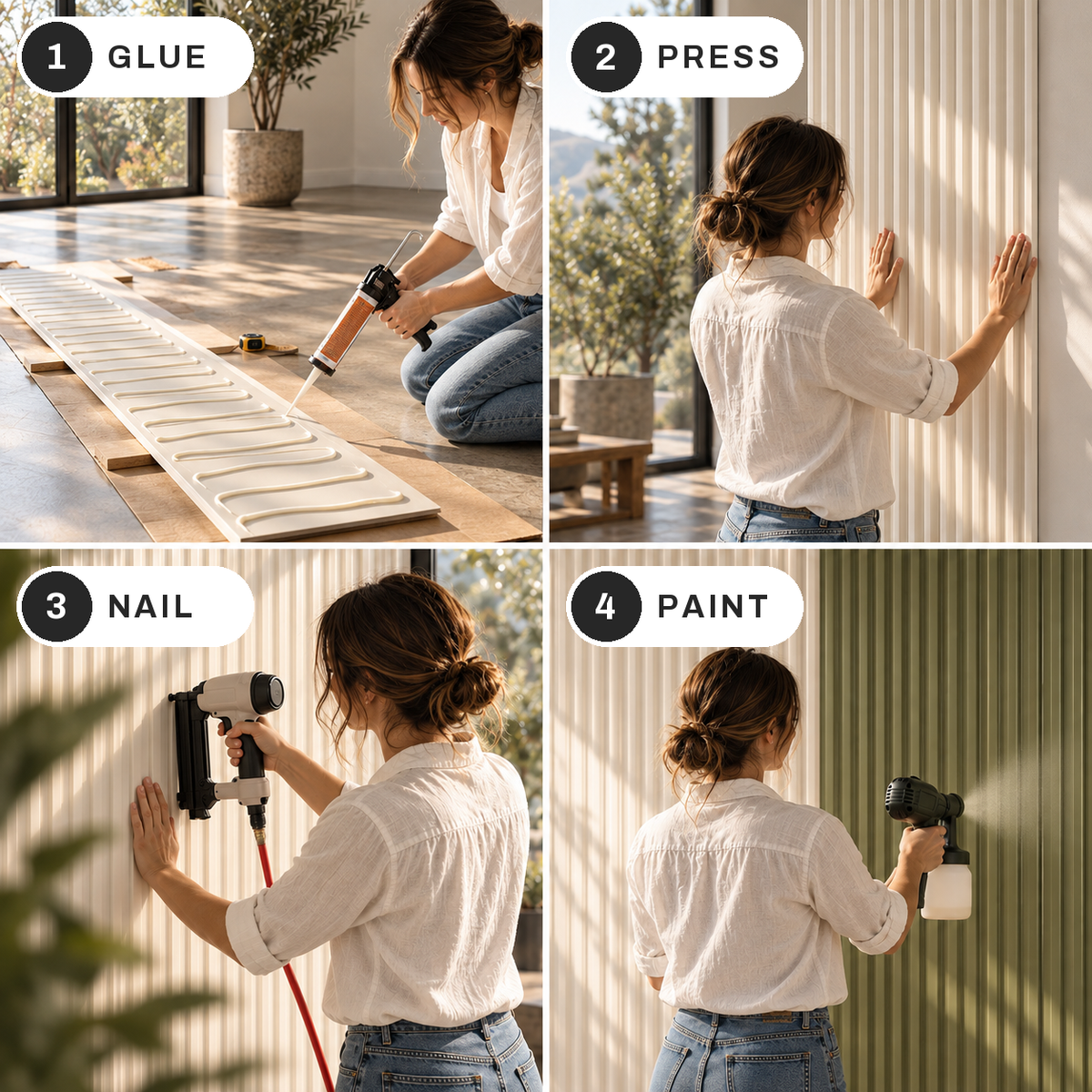 Four-panel instruction collage showing how to install decorative wall panels: glue the panels onto a floor board, press them against a wall, nail them in place, and paint them. A woman is visible in each panel performing the steps, with labeled steps 1 through 4.