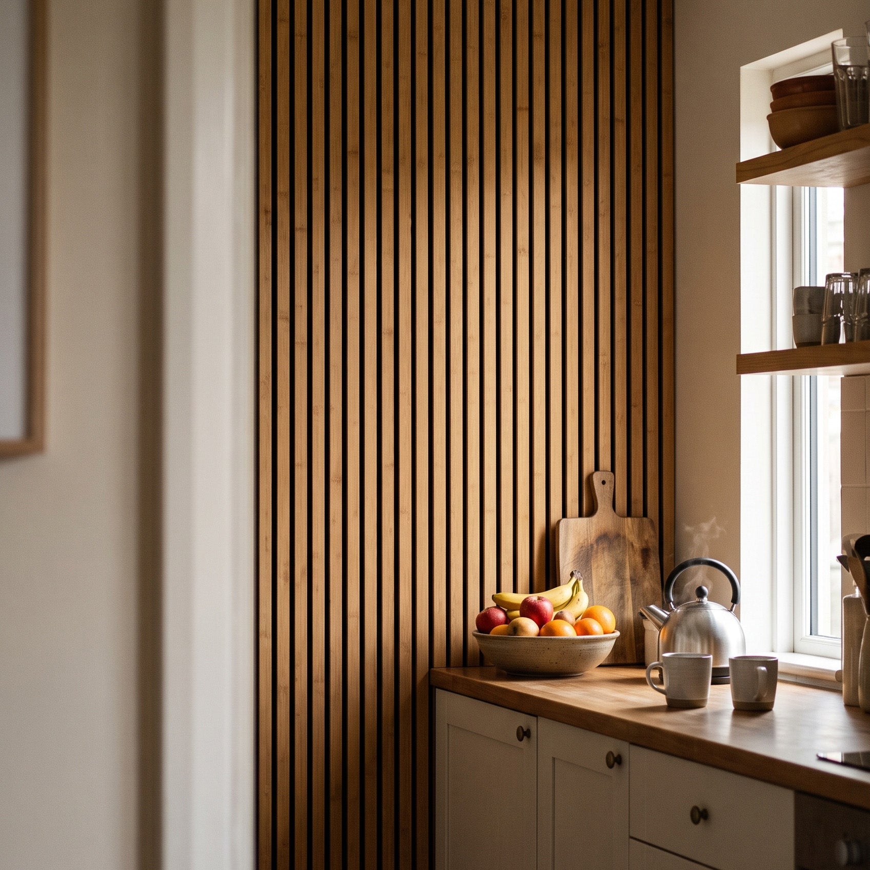 Solid Bamboo Slat Acoustic Panels in Medium Brown, Black Felt