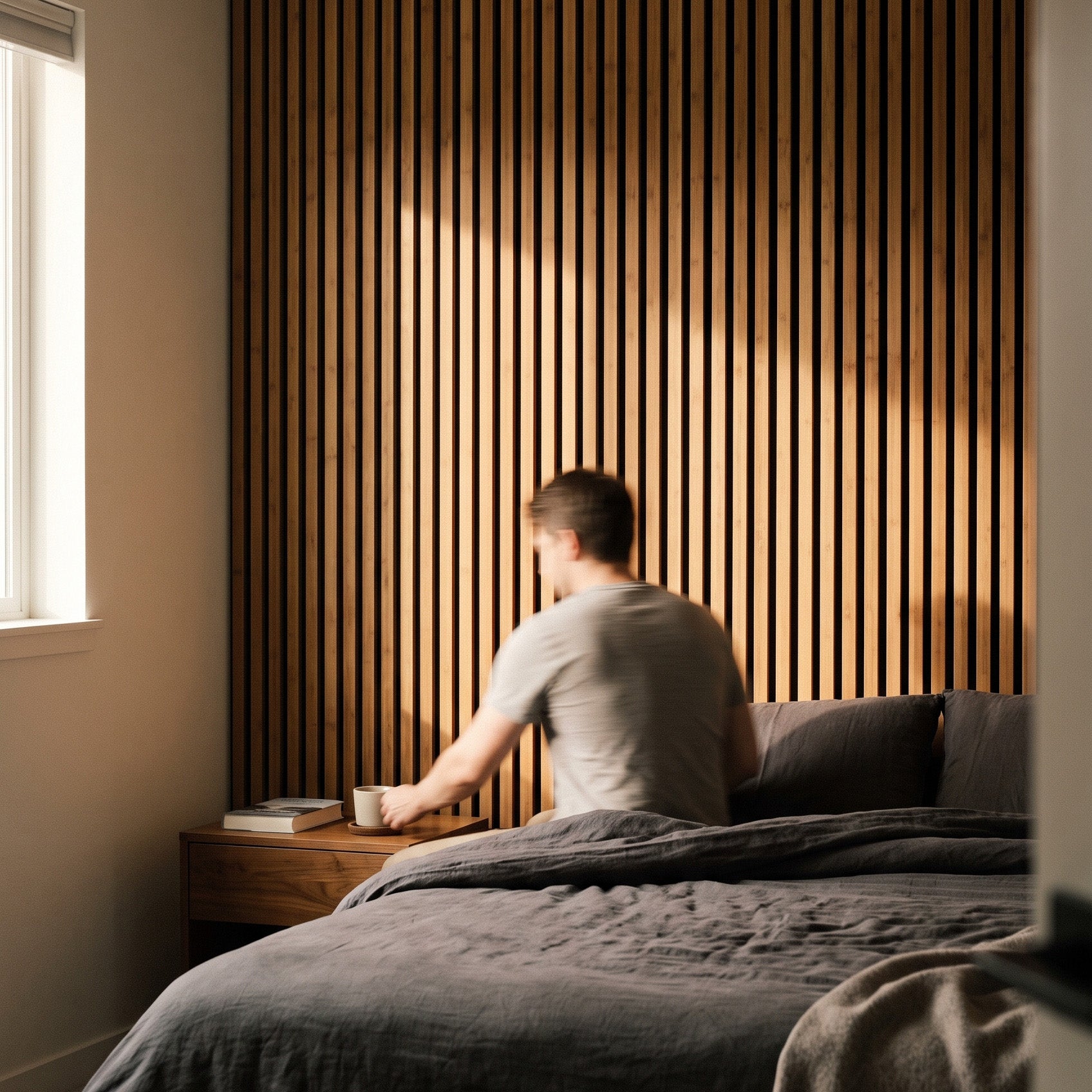 Solid Bamboo Slat Acoustic Panels in Medium Brown, Black Felt