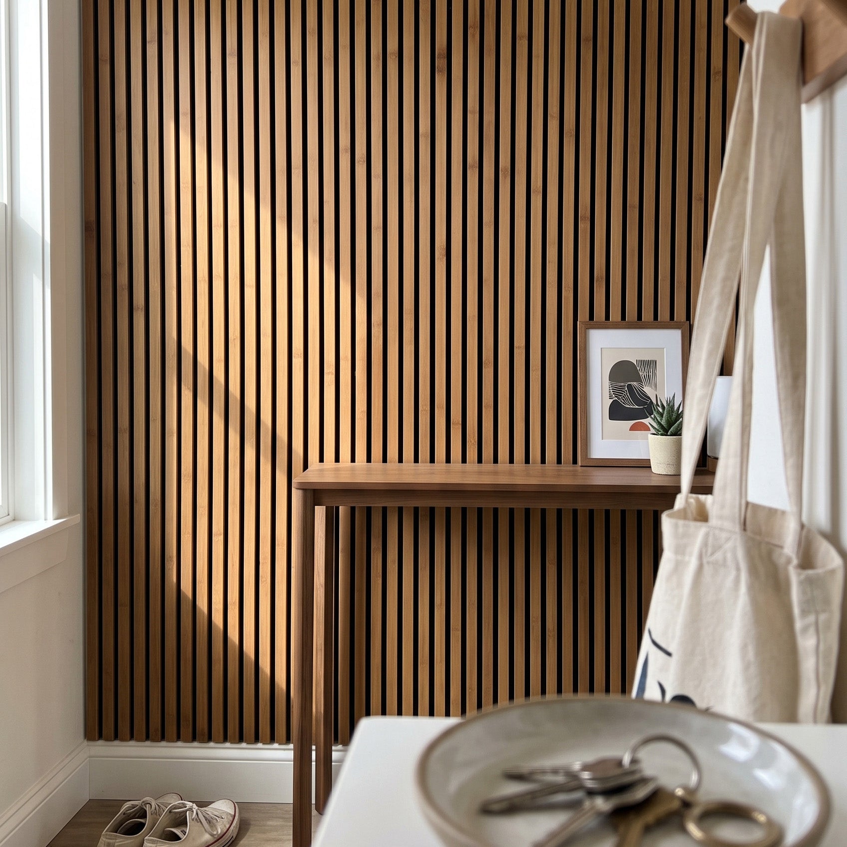 Solid Bamboo Slat Acoustic Panels in Medium Brown, Black Felt