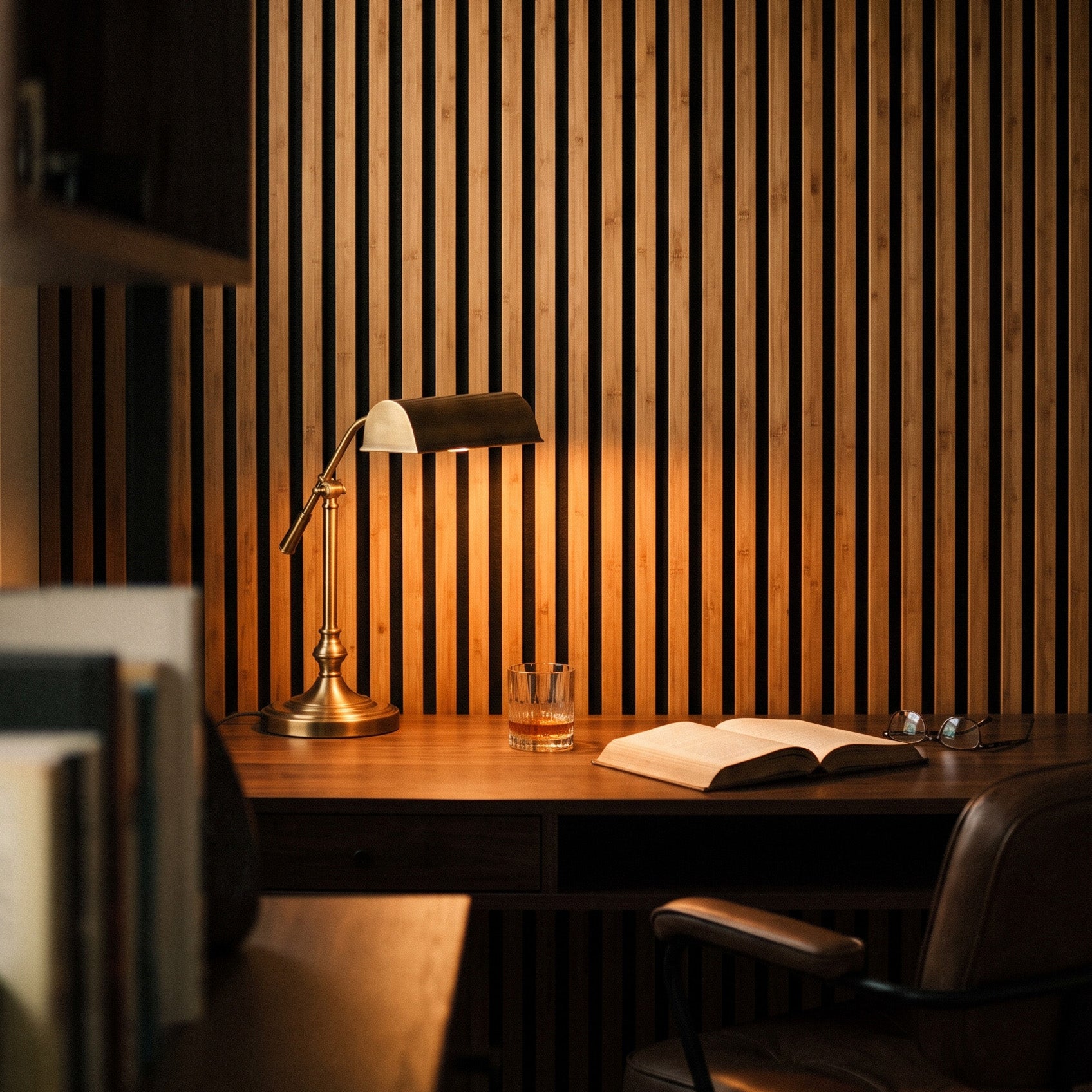 Solid Bamboo Slat Acoustic Panels in Medium Brown, Black Felt