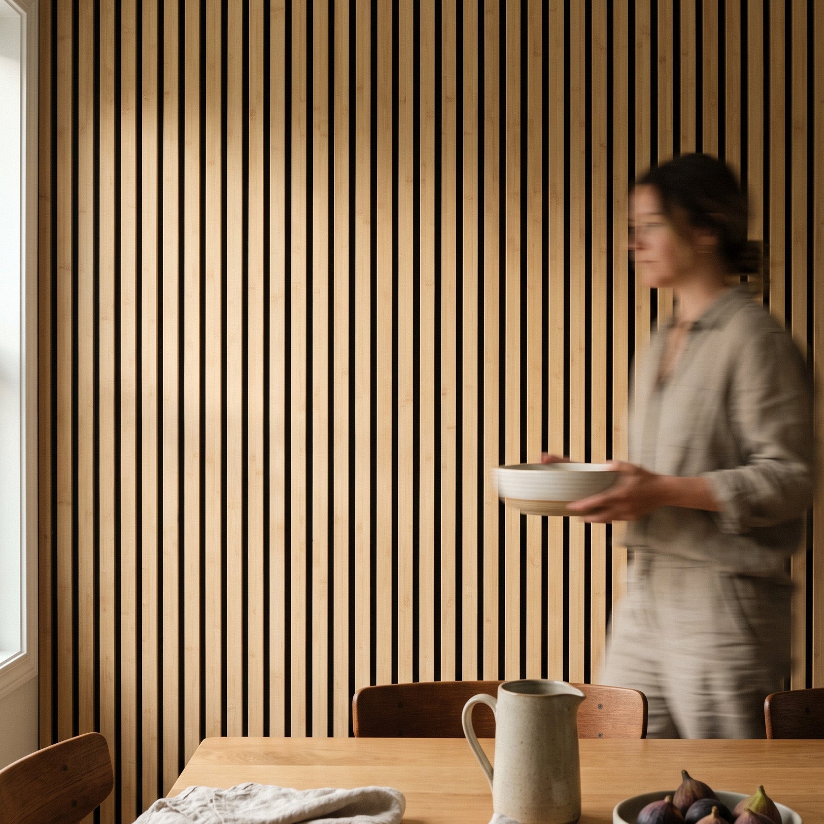 Solid Bamboo Slat Acoustic Panels in Natural, Black Felt