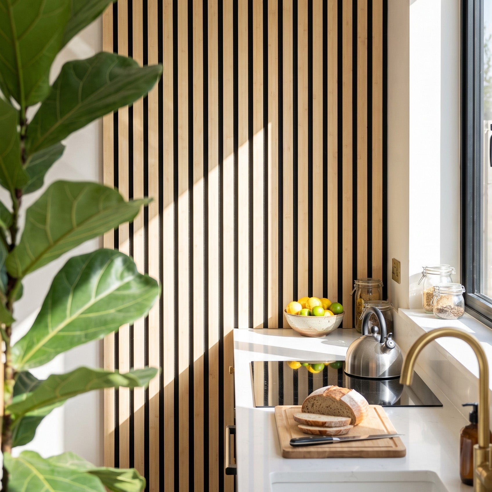 Solid Bamboo Slat Acoustic Panels in Natural, Black Felt