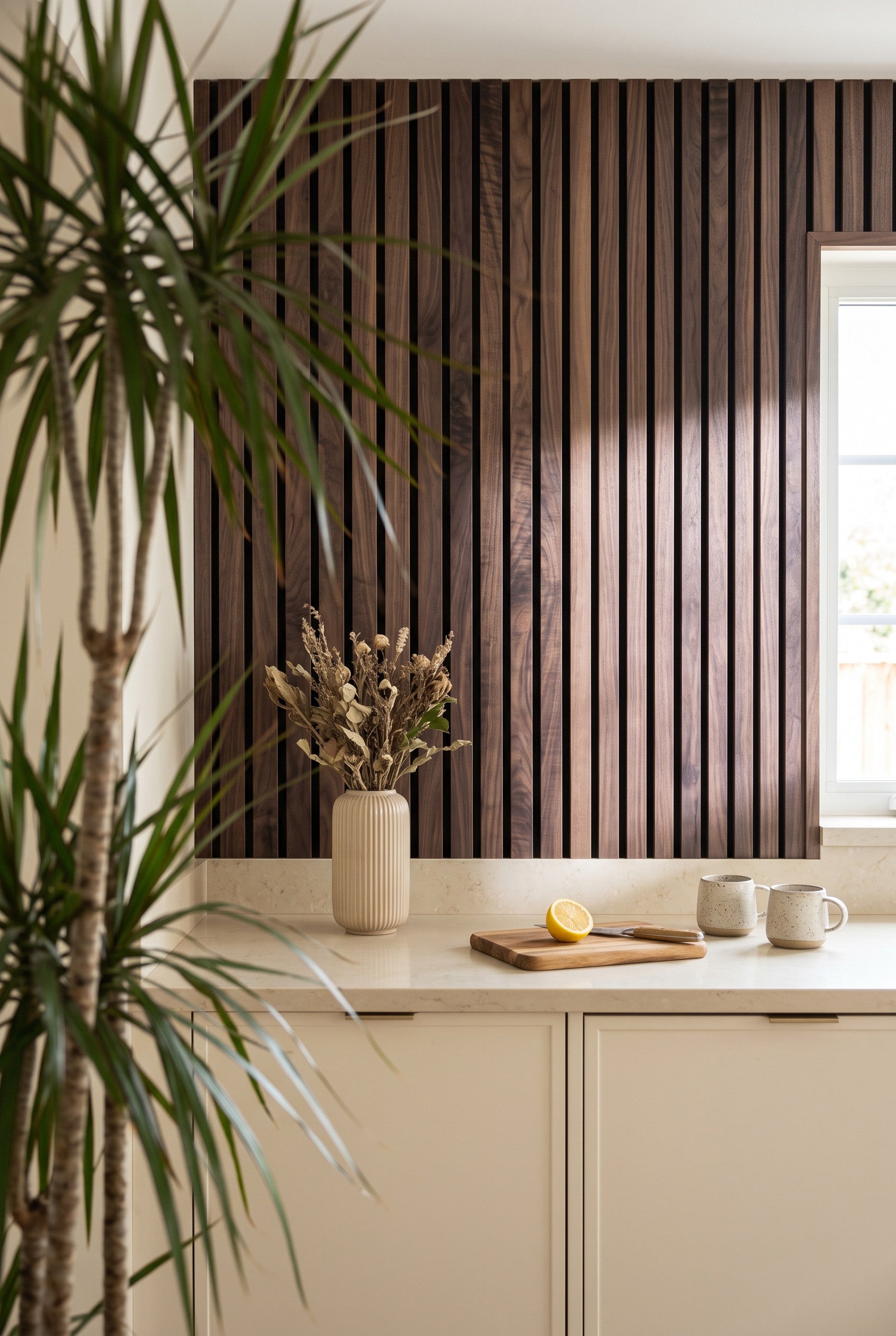 A modern kitchen interior featuring a dark brown vertical wood slat accent wall behind a cream countertop with a vase of dried flowers, a lemon slice on a wooden board, and ceramic mugs. A potted plant is visible in the foreground.