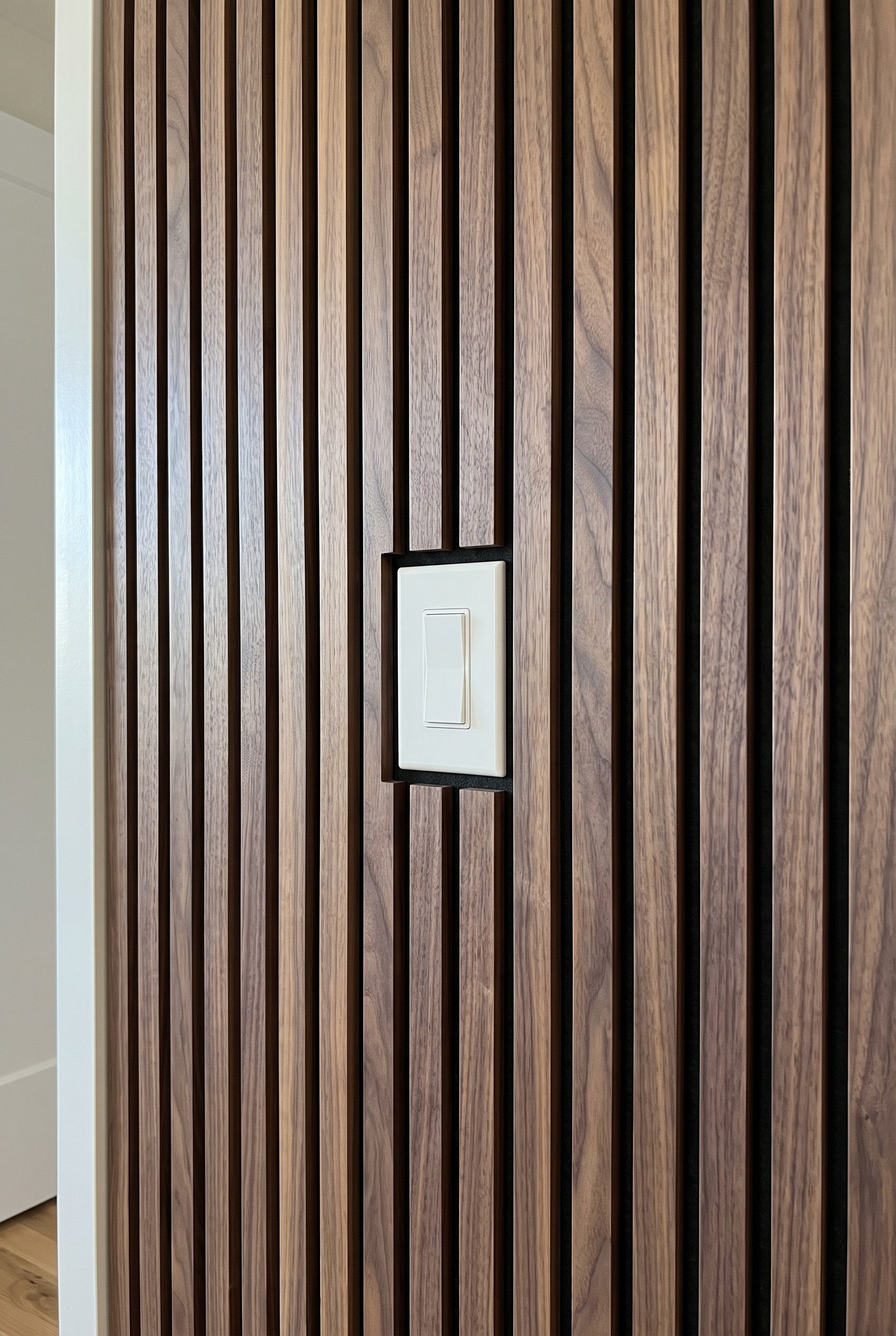 A modern wall-mounted light switch with a white face and black frame, set into a vertical wood slat wall.