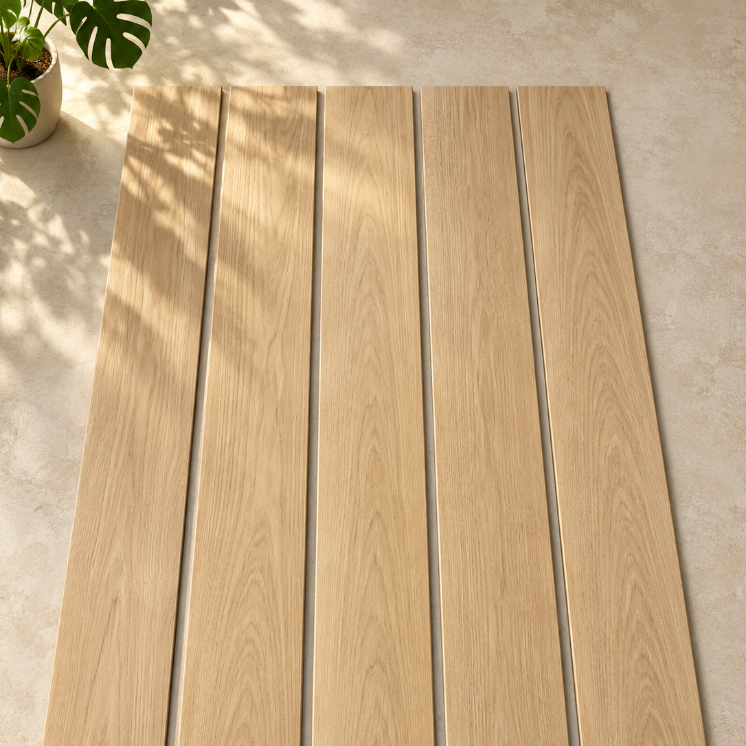 Five long rectangular wood-look planks with a light oak grain pattern are arranged vertically on a beige stone surface, with soft leaf shadows cast across them and a potted plant visible in the top-left corner.