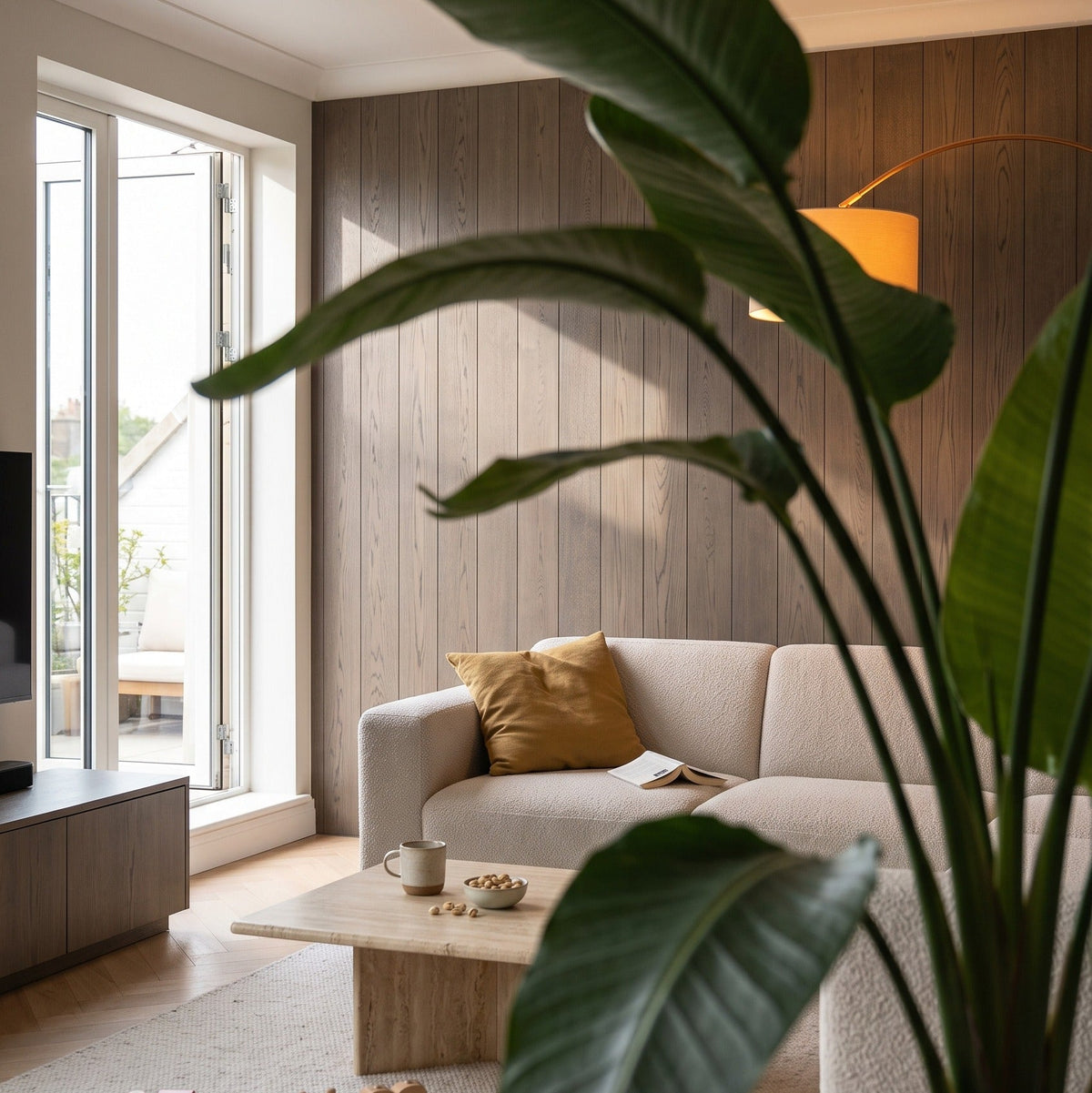 A large potted bird of paradise plant in the foreground of a modern living room with wood-paneled walls, a beige sofa, and a wooden coffee table.