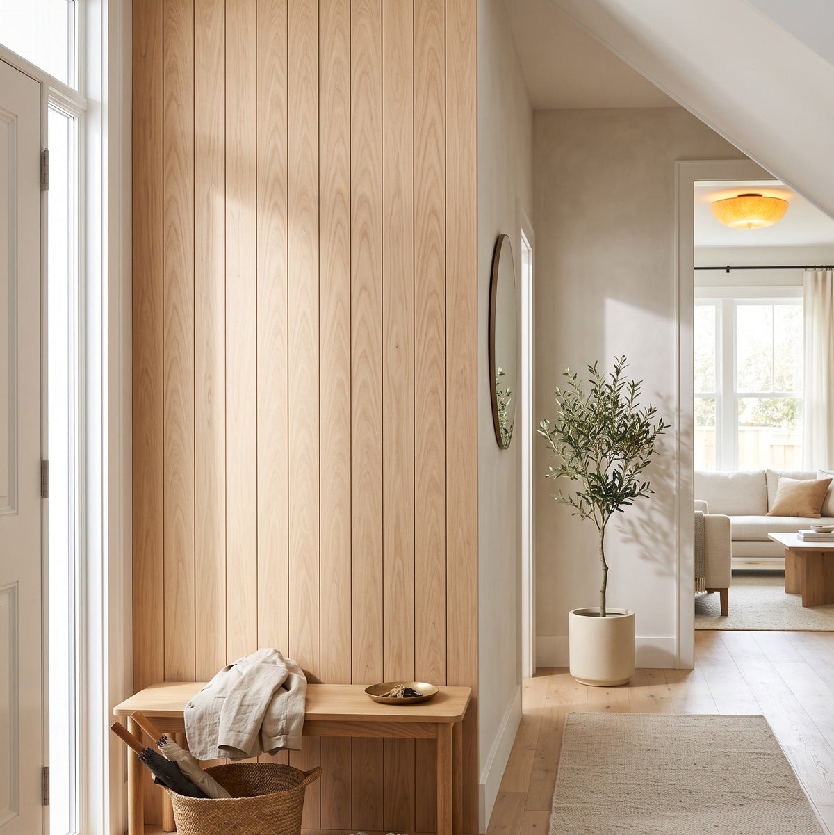 A modern entryway featuring a tall light wood paneled wall, a matching wooden bench with a woven basket and folded textiles, a light rug, and an olive tree in a white pot in the adjacent hallway.