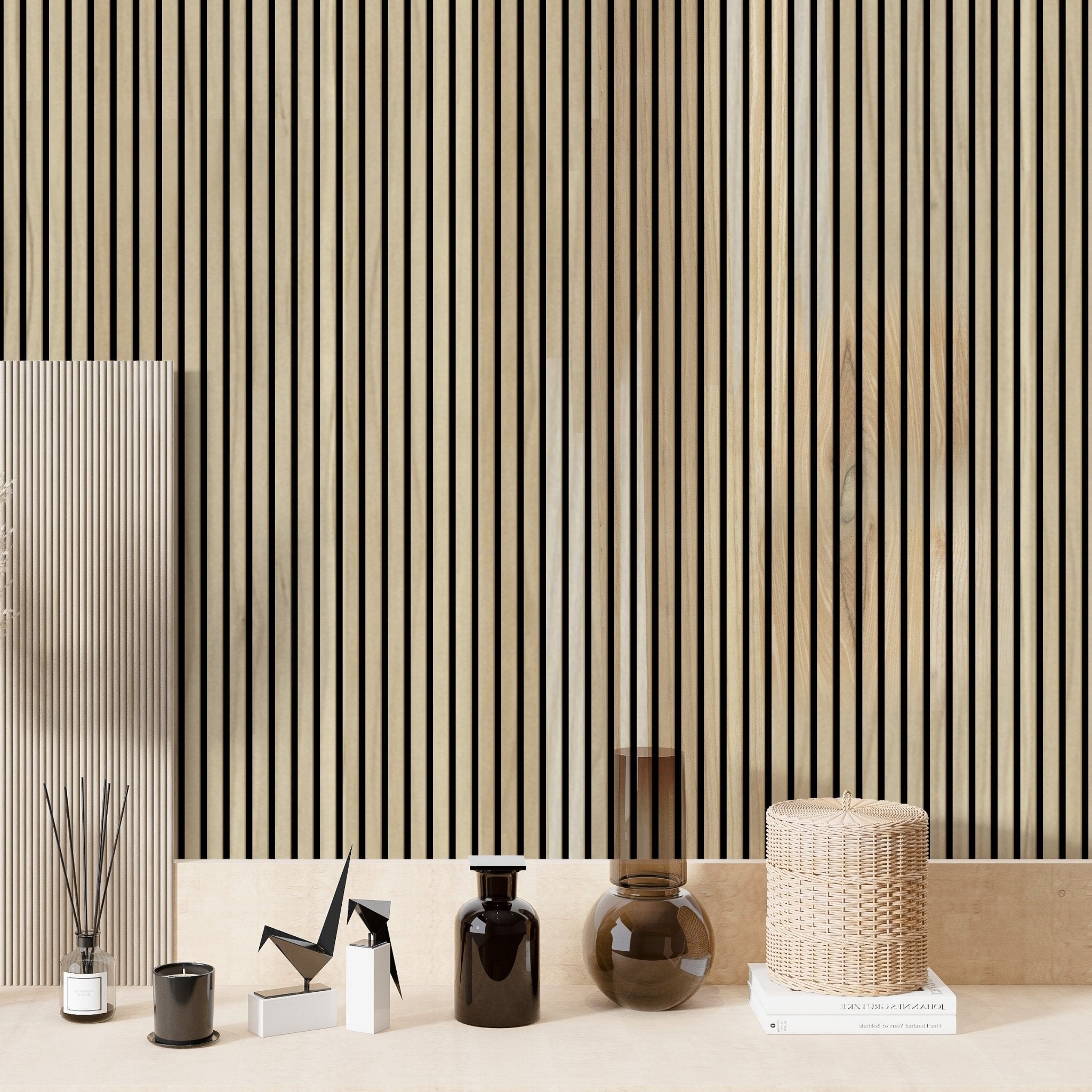 White Ash 100% Solid Acoustic Wood Slat Wall Panels with Black Felt Backing - Slats.co