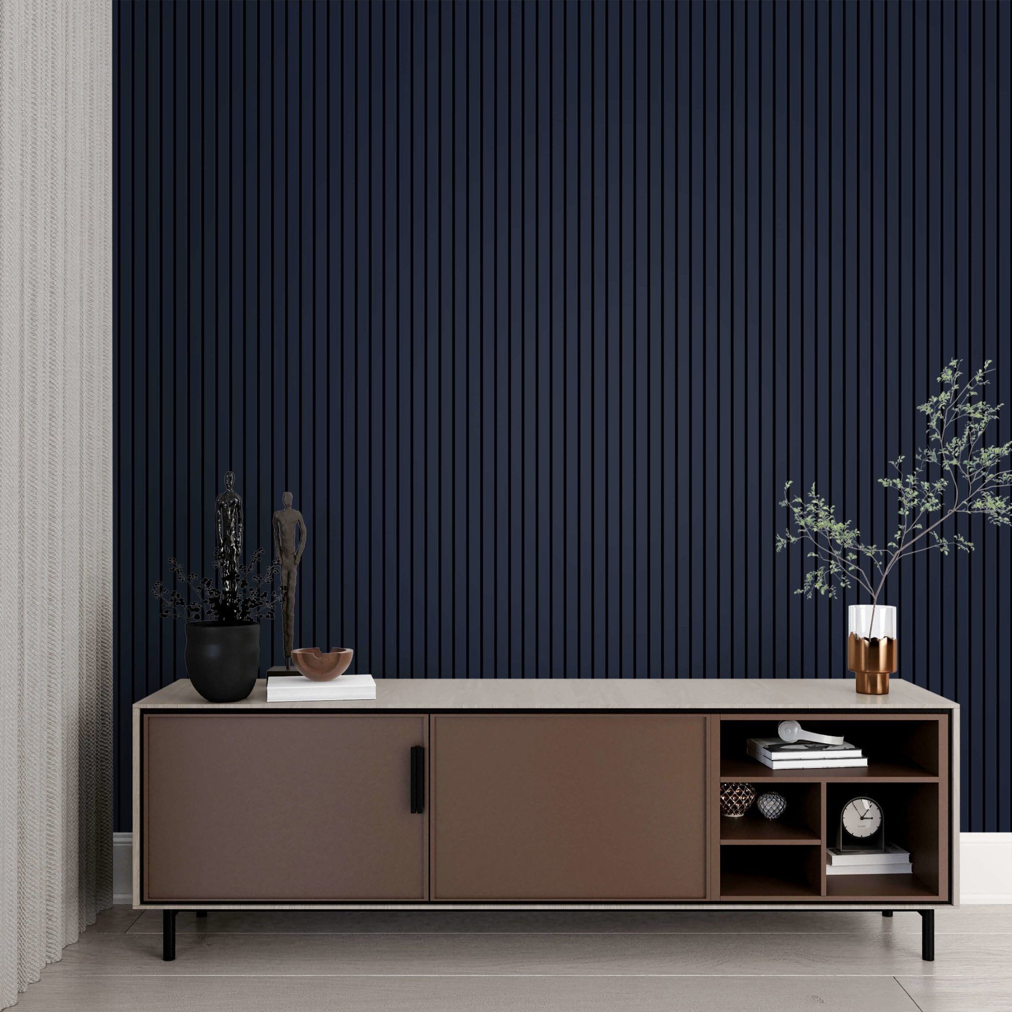 Wall Slat Acoustic Panel in Deep Indigo, Black Felt - Slats.co