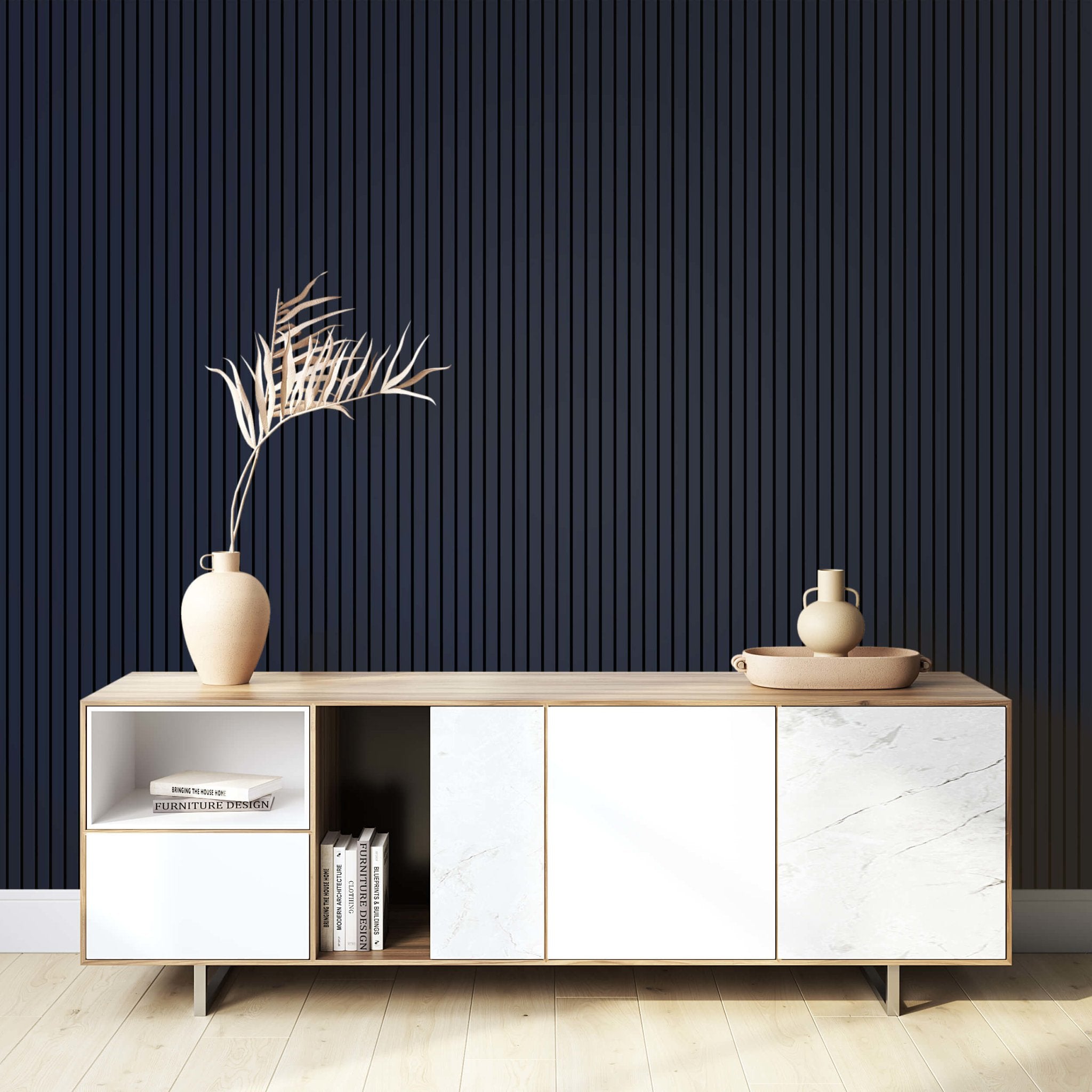 Wall Slat Acoustic Panel in Deep Indigo, Black Felt - Slats.co