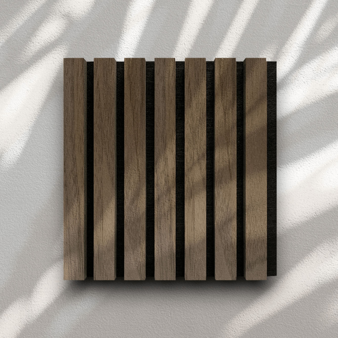 Wood Slat Acoustic Panel Sample in Natural Walnut, Black Felt - Slats.co