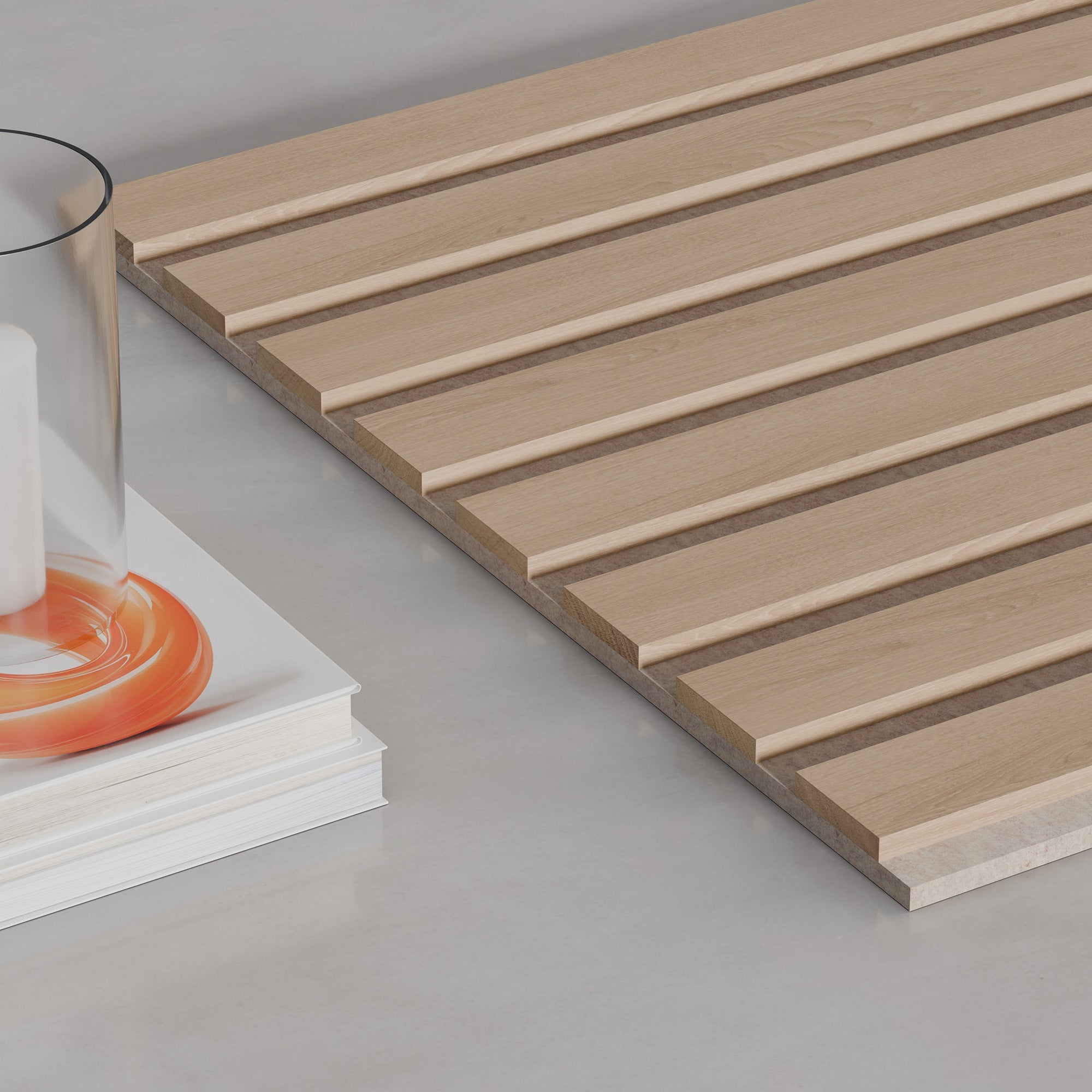 118" Natural Oak TrueWood Lite 3-Sided Veneer Acoustic Slat Panel with Beige Felt Backing - Slats.co