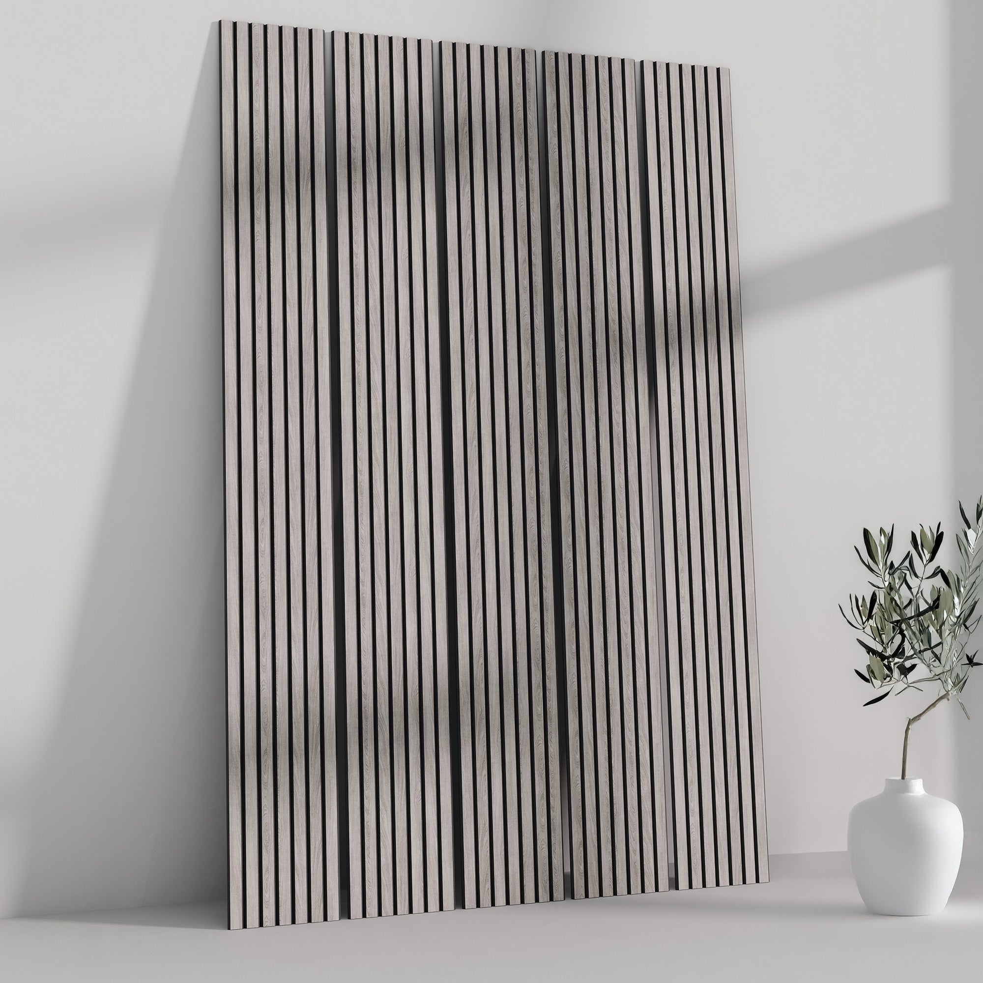 118" Tall ULTRALIGHT Flexible Lightweight Grey Oak Acoustic Wood Slat Wall Panels with Black Felt Backing - Slats.co