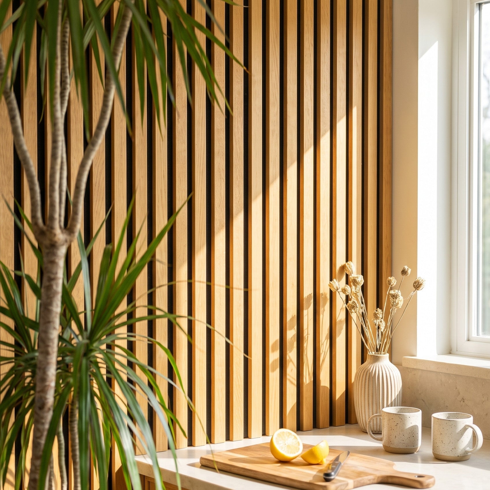 141.6" Solid American Oak Slat Acoustic Panels, Black Felt - Slats.co