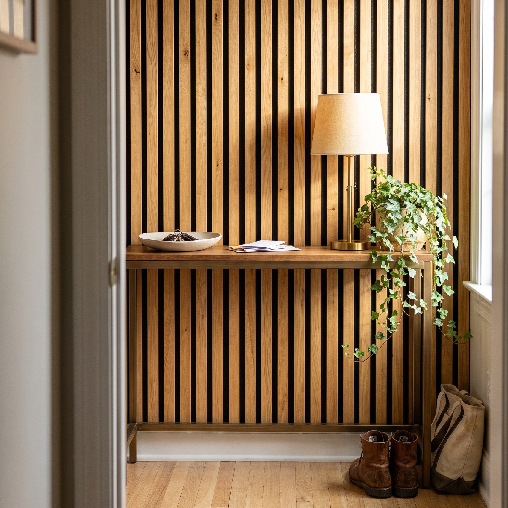 141.6" Solid American Oak Slat Acoustic Panels, Black Felt - Slats.co