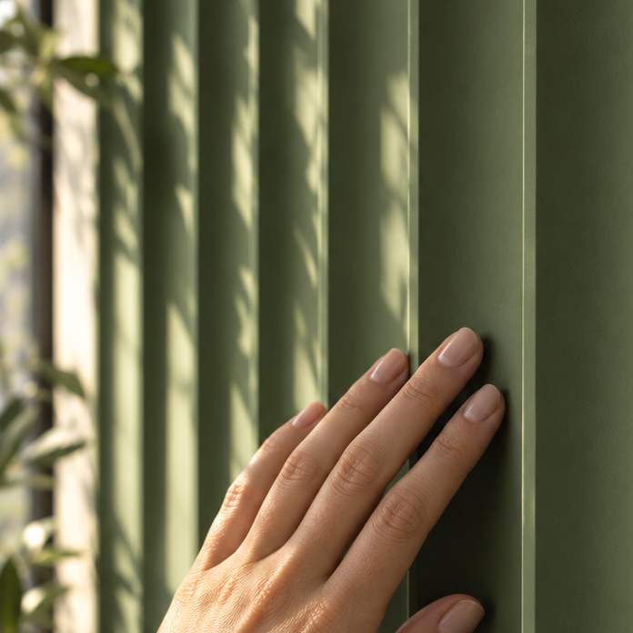 A close-up of a hand resting against a vertical sage green corrugated metal wall, with soft natural light casting shadows across the surface.