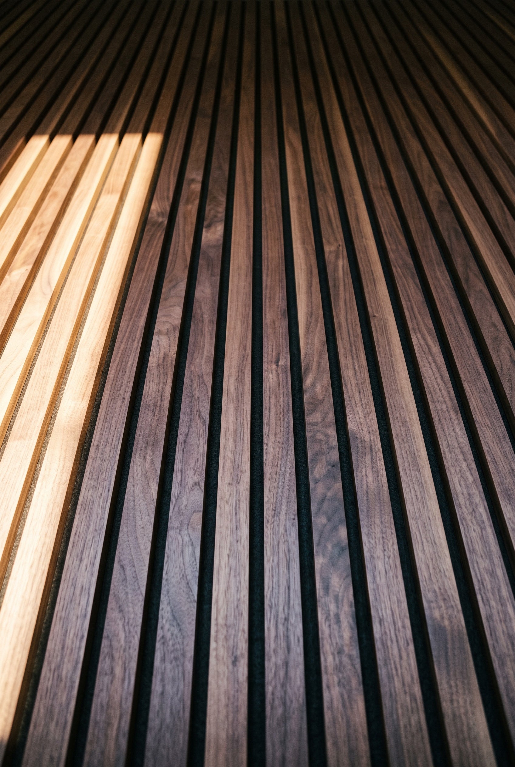 Close-up of dark wood slats with a warm light patch on the left, showing the wood grain and slatted texture.
