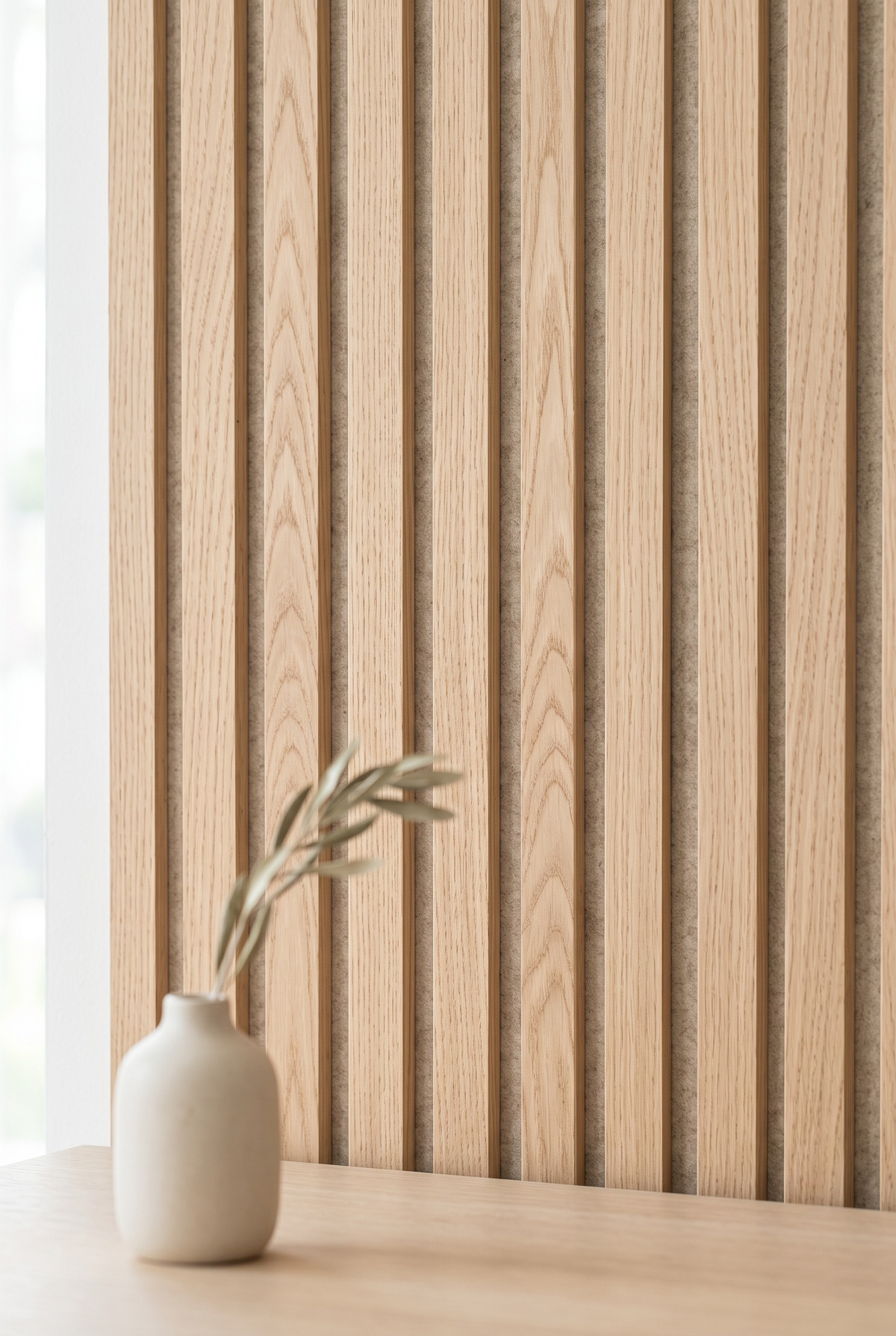 TrueWood Lite natural oak slat wall on oatmeal felt with a small white vase