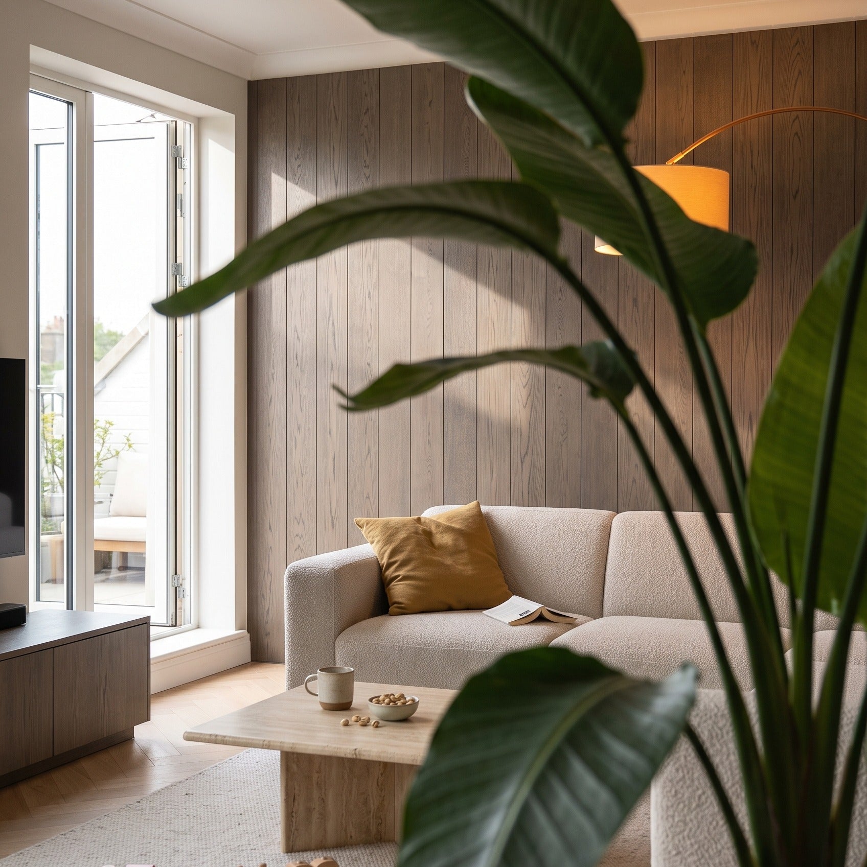 A large potted bird of paradise plant in the foreground of a modern living room with wood-paneled walls, a beige sofa, and a wooden coffee table.