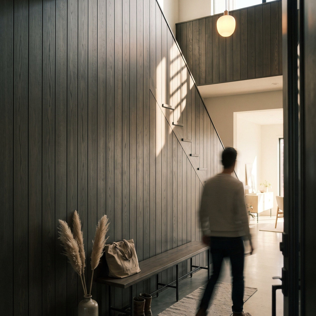 A person walks through a modern interior hallway with dark wood-paneled walls, a bench, pampas grass in a vase, and a staircase in the background.