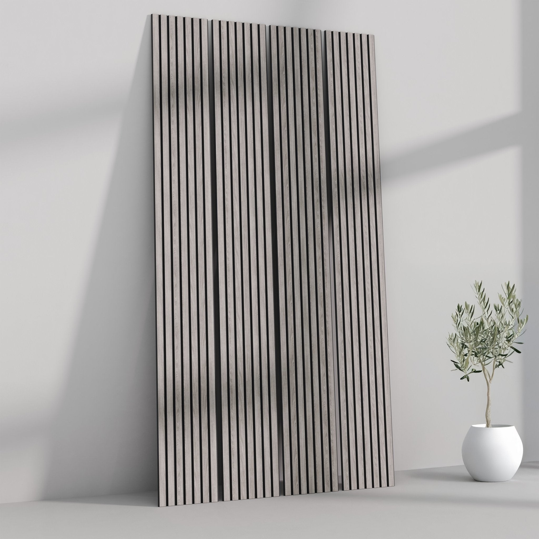 ULTRALIGHT Flexible Lightweight Grey Oak Acoustic Wood Slat Wall Panels with Black Felt Backing - Slats.co