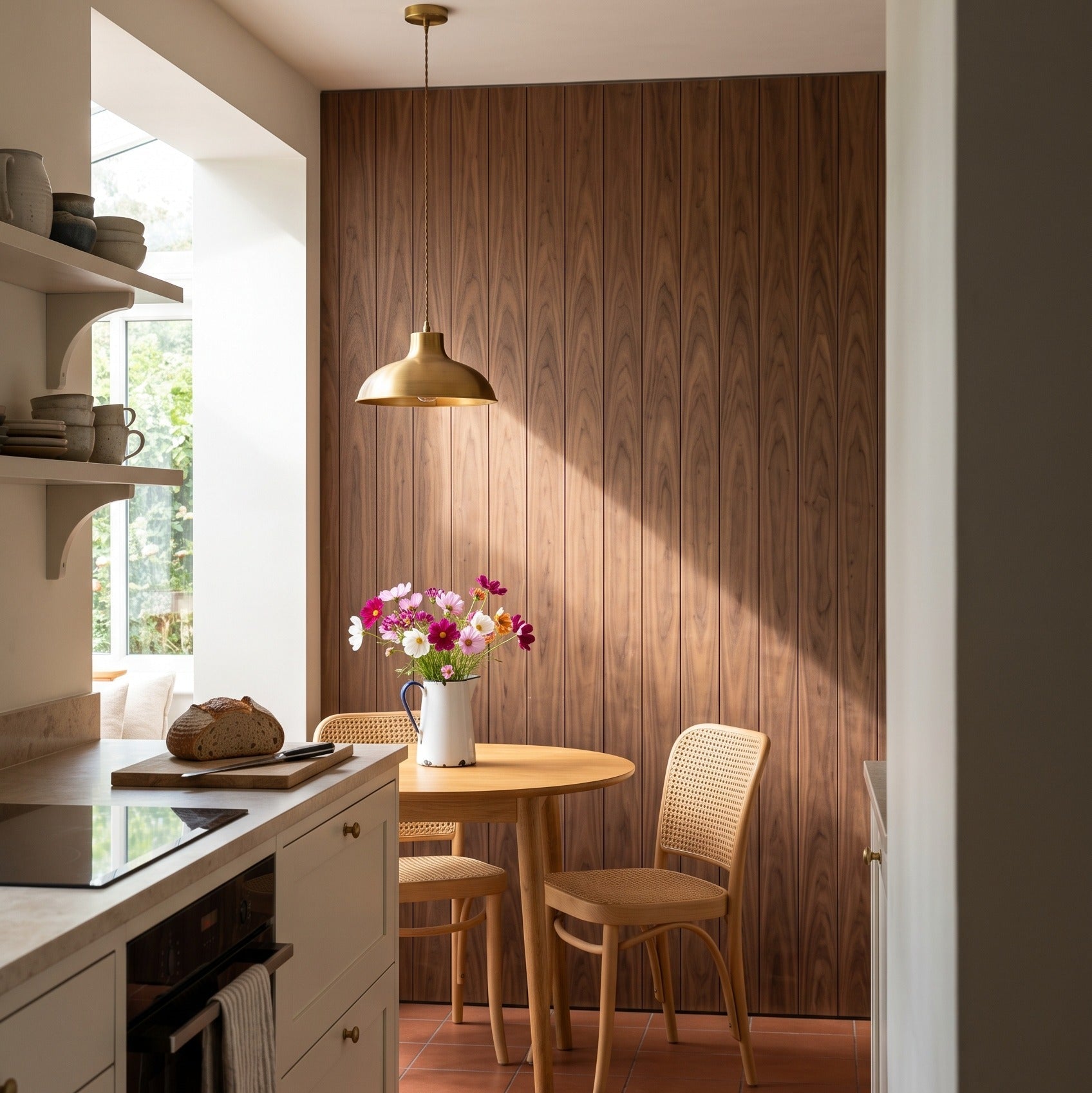 A warm, modern kitchen and dining nook featuring a round wooden dining table with two woven chairs, a gold pendant light, and a wood-paneled accent wall. A vase of pink flowers sits on the table, and terracotta tile flooring is visible.
