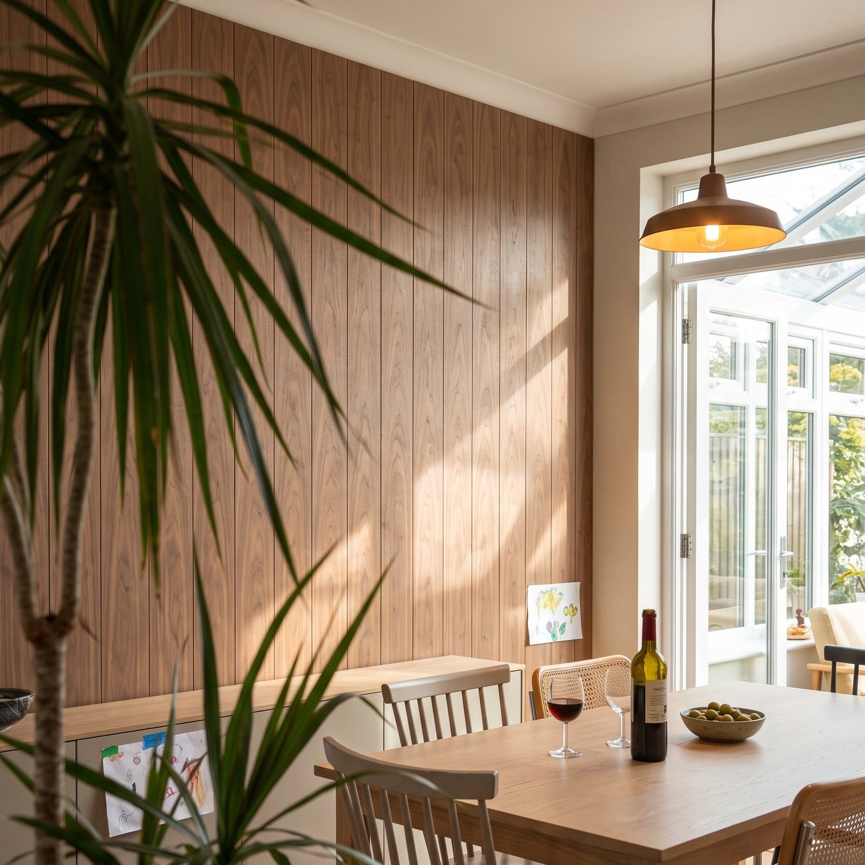 A warm, modern dining room corner featuring a light wood paneled wall, a wooden dining table, and matching chairs. A tall green houseplant is in the foreground, and a window in the background lets in bright natural light.