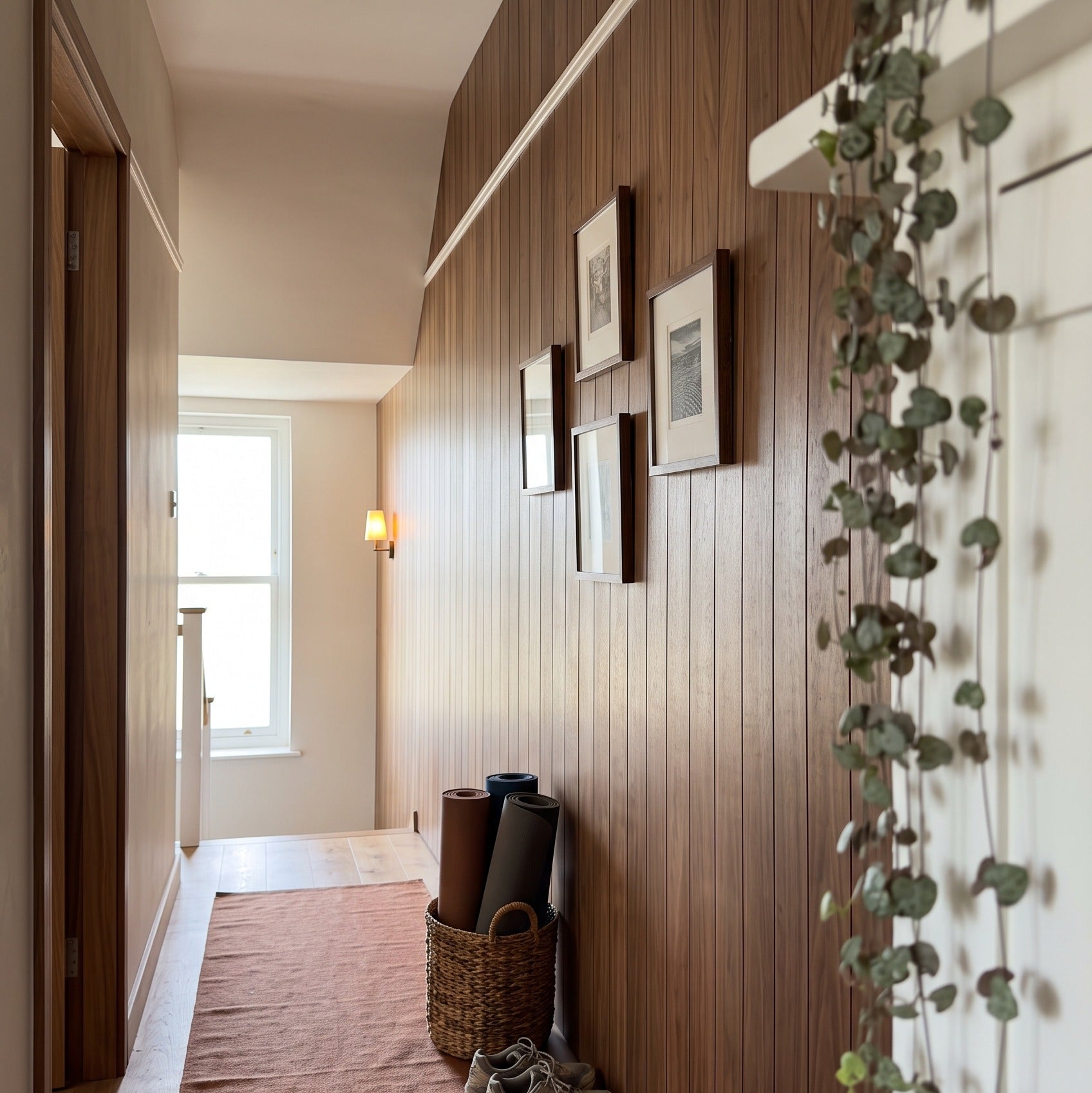 A narrow hallway with wood-paneled walls, a pink runner rug, framed wall art, a wicker basket holding rolled mats, a pair of sneakers, and a trailing green plant against a white door.