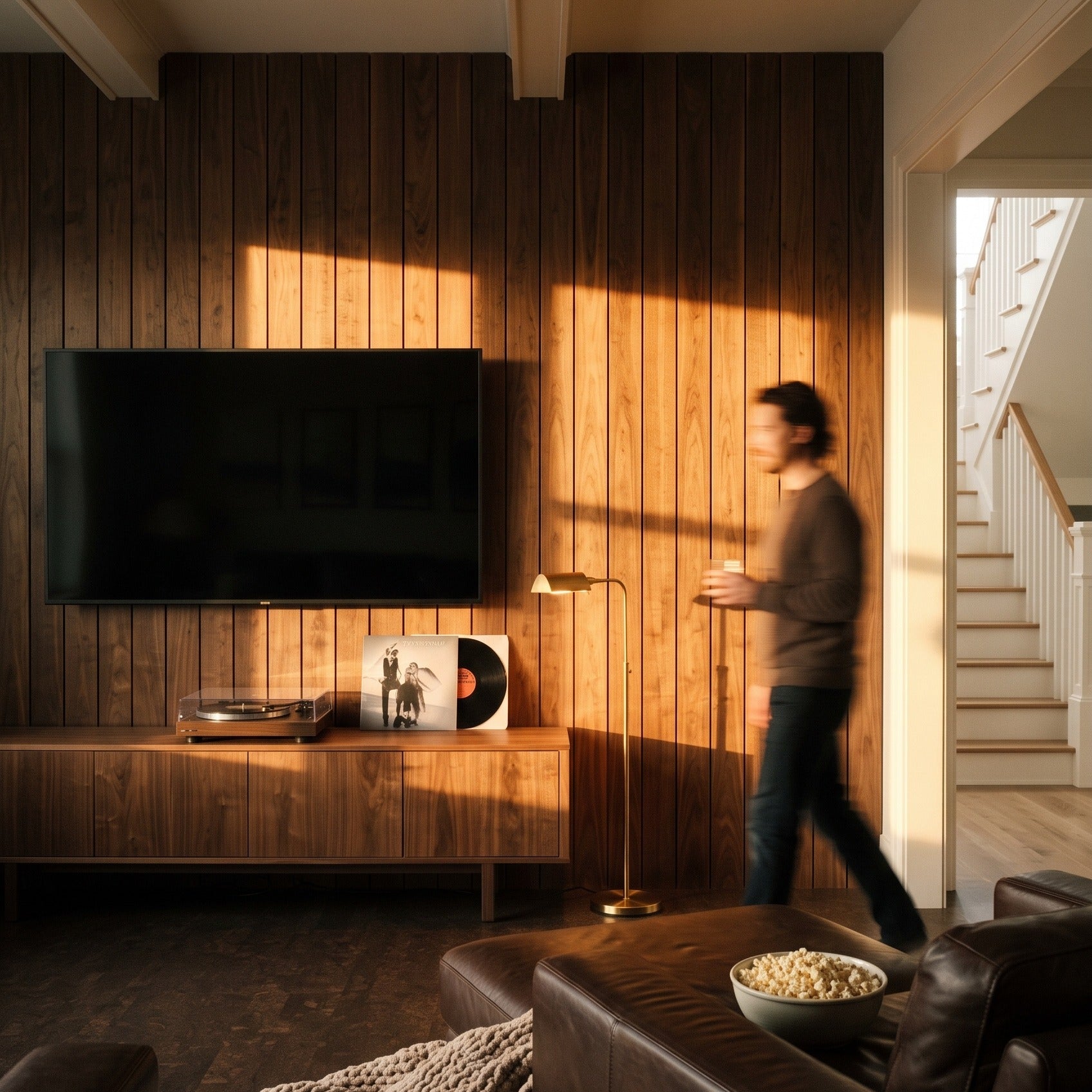 A modern living room with wood-paneled walls, a mounted flat-screen TV, a mid-century console, a floor lamp, and a person walking in the background near a staircase. Sunlight streams across the wall and floor.