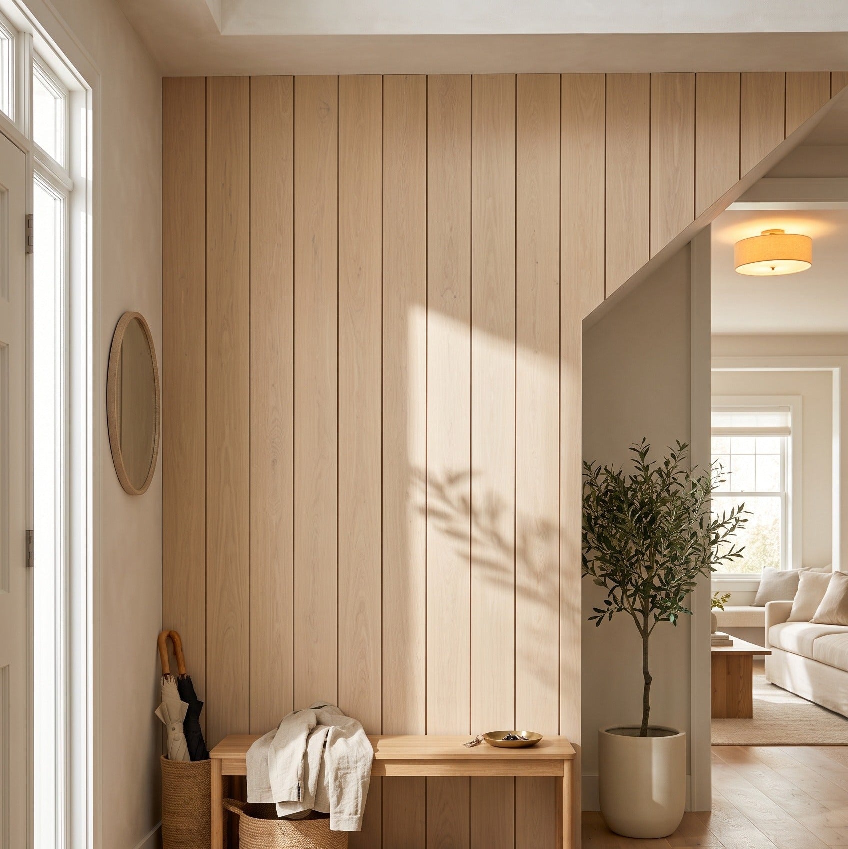 A modern entryway with light wood paneled walls, a wooden bench with a draped throw, a woven rug, and a potted olive tree, shown in warm natural light.