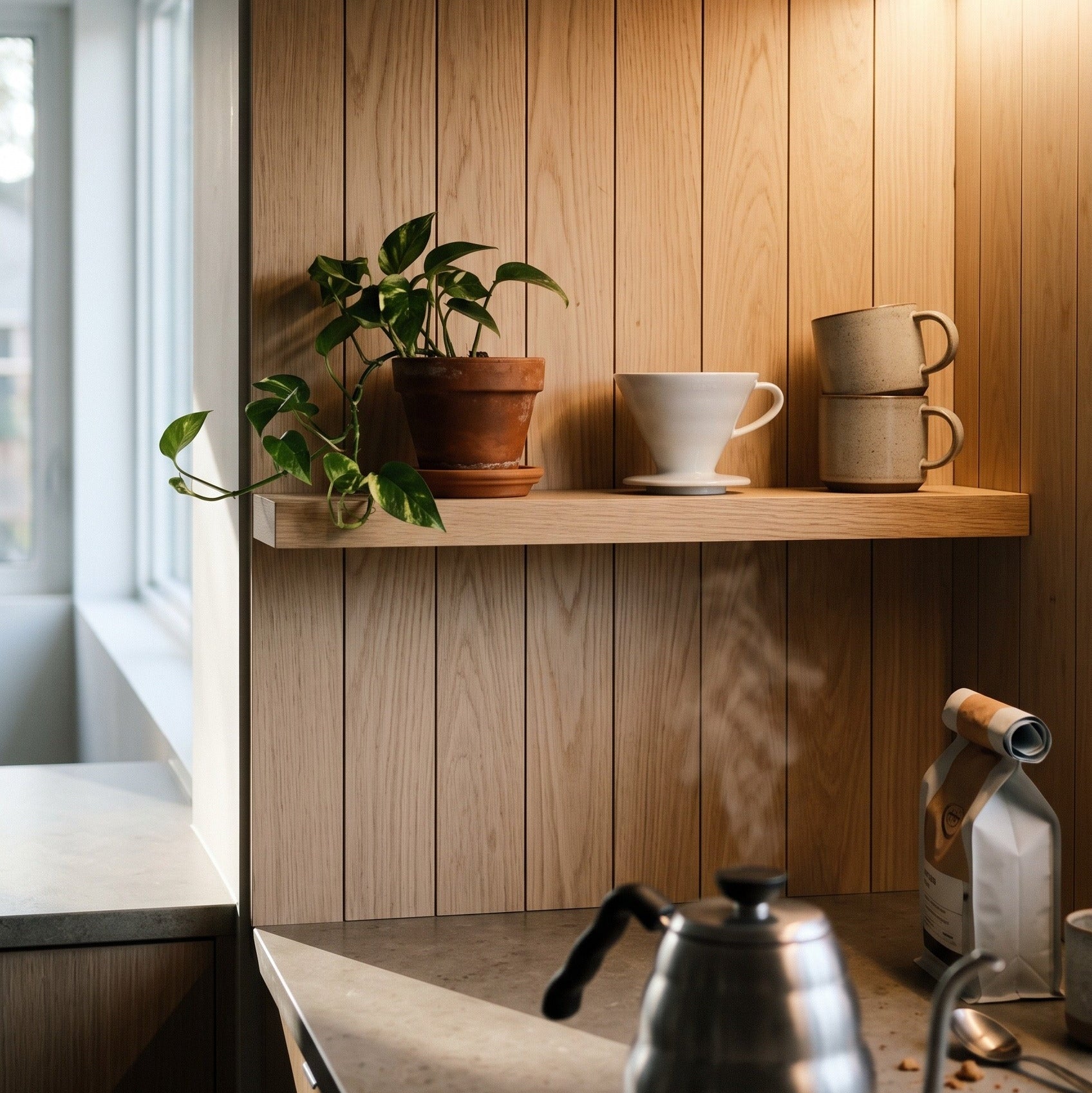 A warm, modern kitchen corner with light wood paneling and a floating shelf holding a potted green plant, a white ceramic cup, and stacked beige mugs. A stainless steel gooseneck kettle sits on the countertop in the foreground.