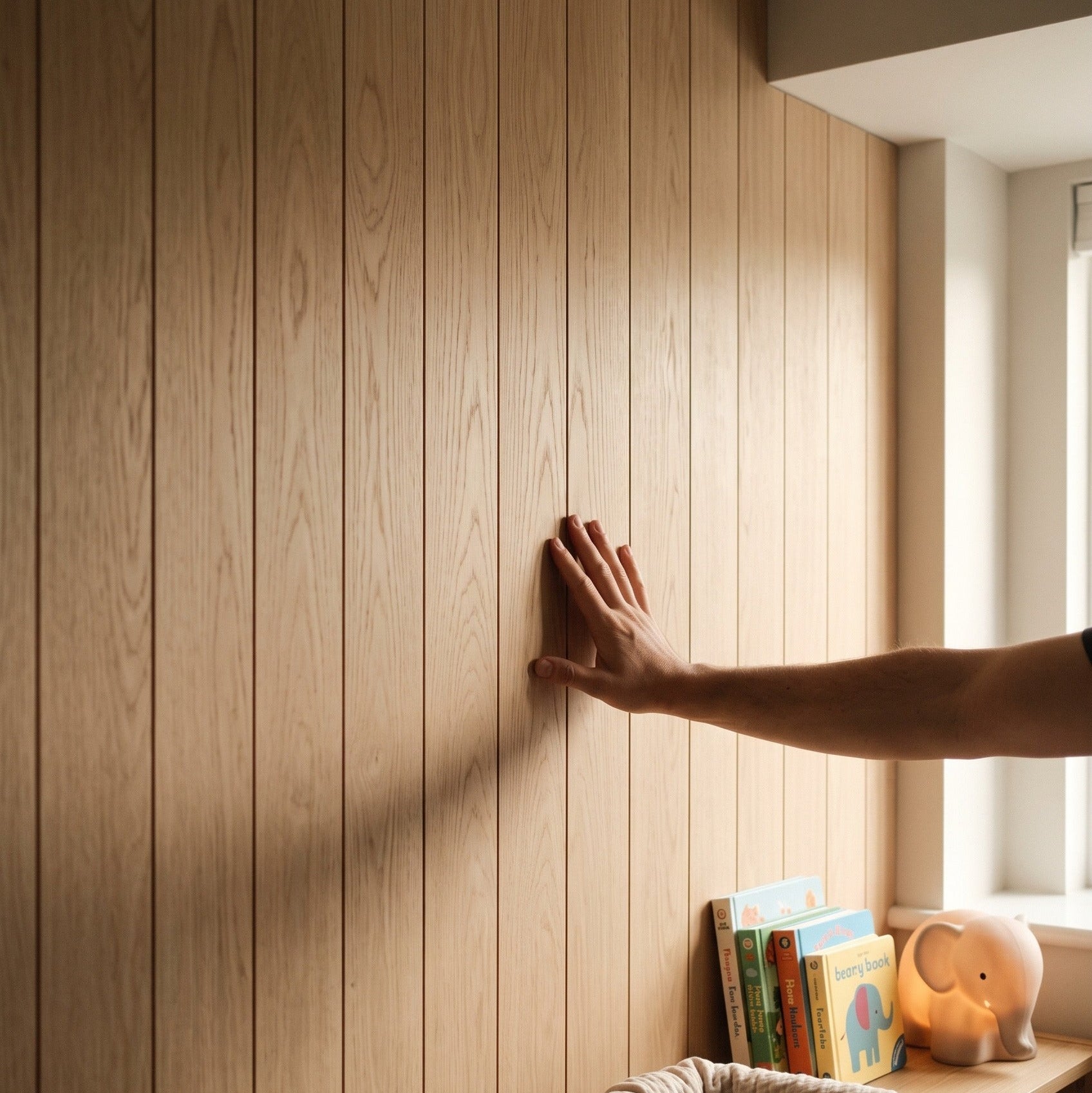 A hand touches a light natural wood paneled wall in a softly lit room, with a crib, books, and a small lamp visible in the foreground.