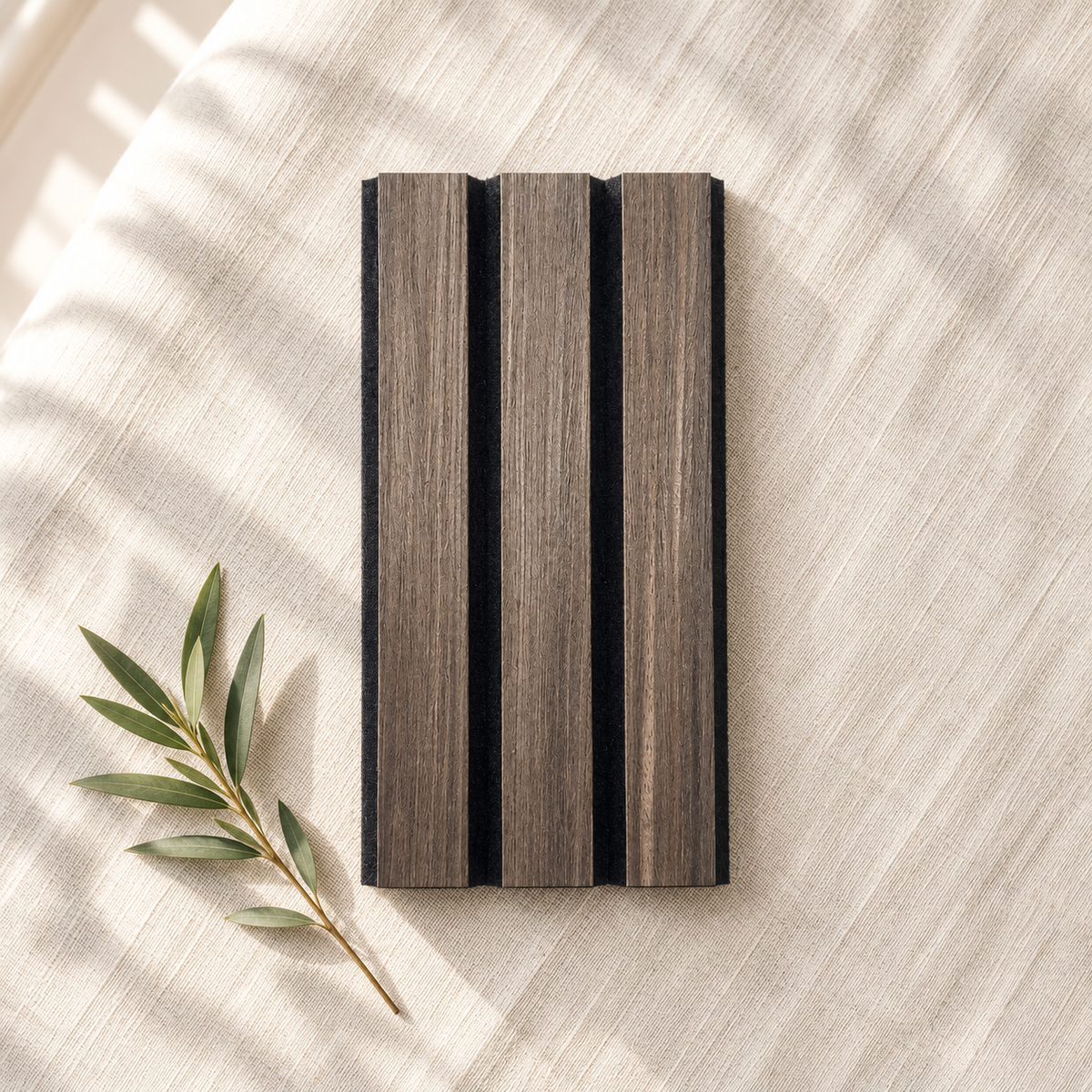 ULTRALIGHT Wood Slat Acoustic Panel Sample in Dark Smoke Oak, Black Felt